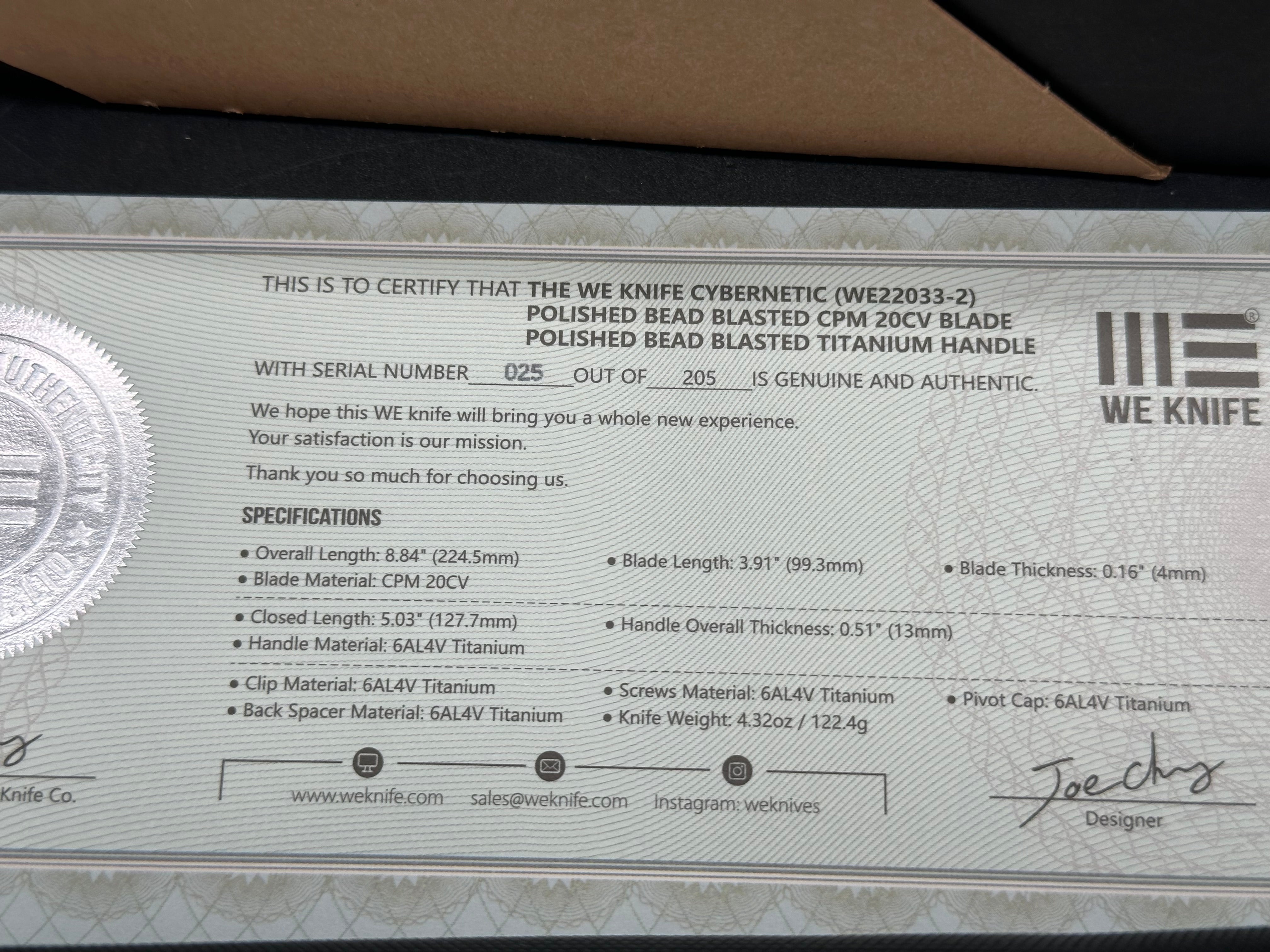 WE Knife Cybernetic #25/205 Frame Lock Knife Titanium (3.9" Polished Gray)