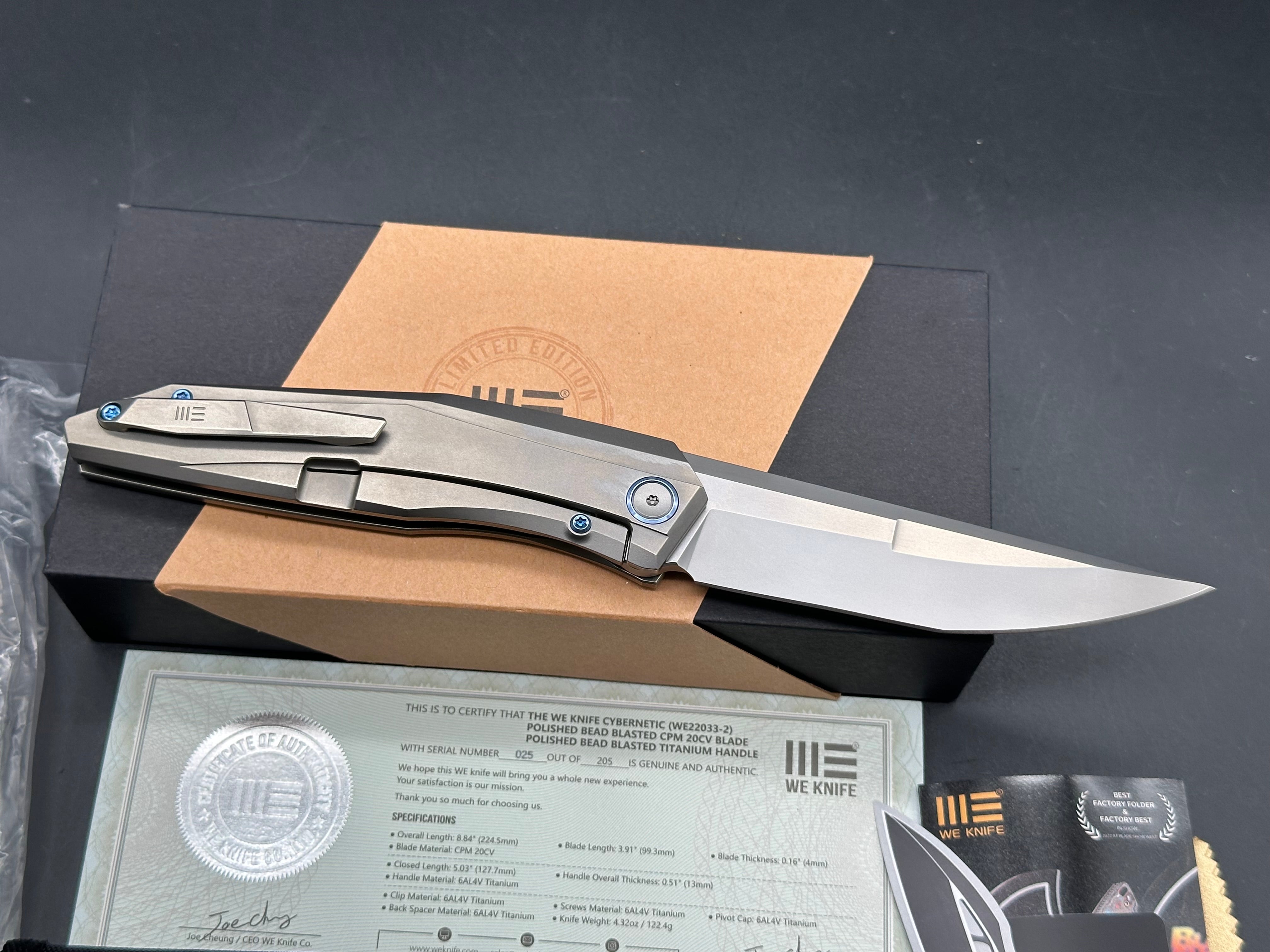 WE Knife Cybernetic #25/205 Frame Lock Knife Titanium (3.9" Polished Gray)
