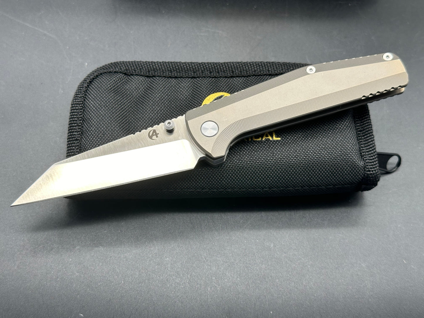 B'yond EDC Asymmetrical Dirk Pinkerton Contact Folding Knife 3.25" S35VN Satin Wharncliffe Blade, Titanium Handles, Frame Lock - ASM2101-BR