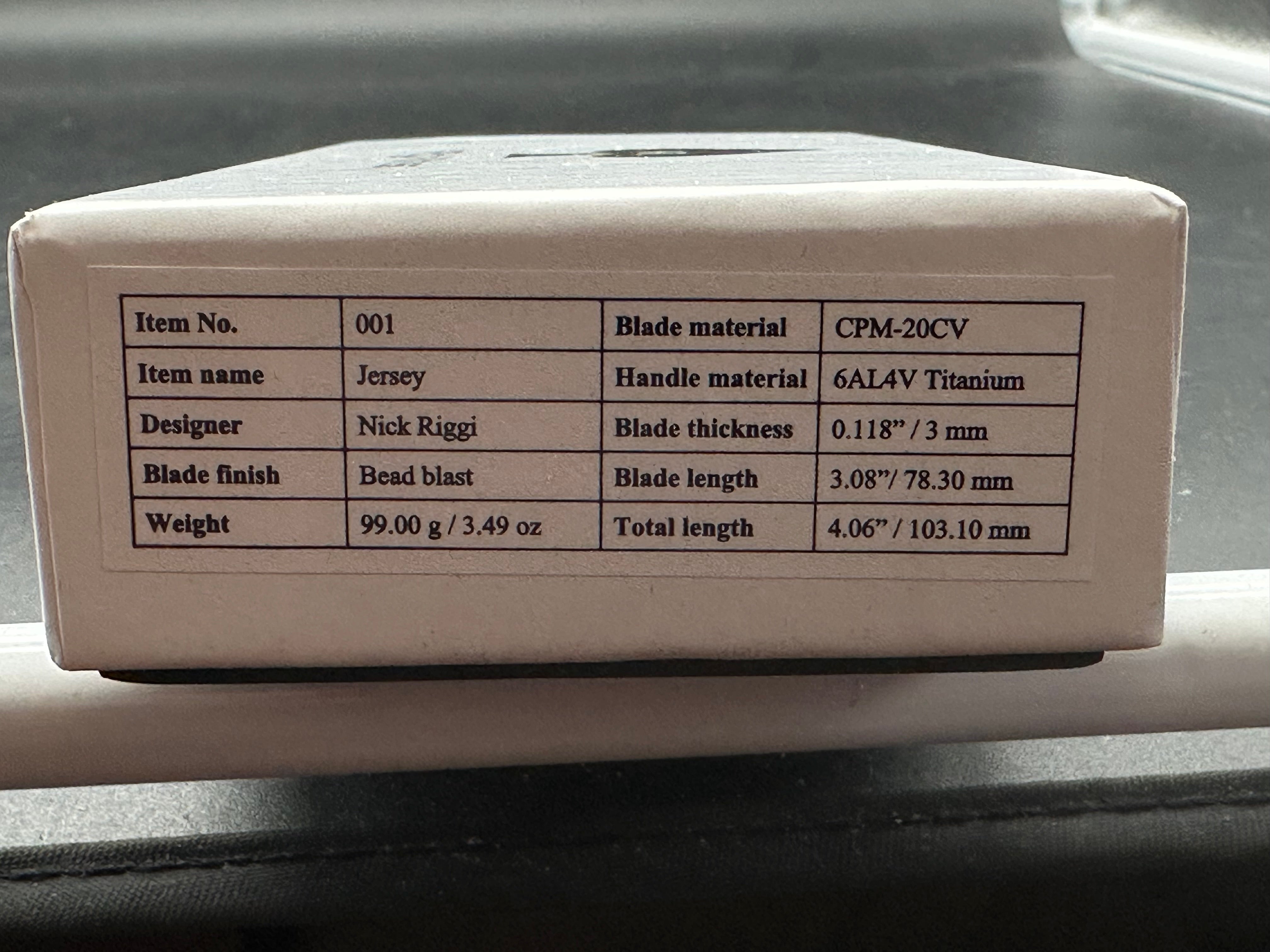 NRiggi Knives "JERSEY" Laser Engraved Titanium Scales w/CPM 20CV bead blast blade