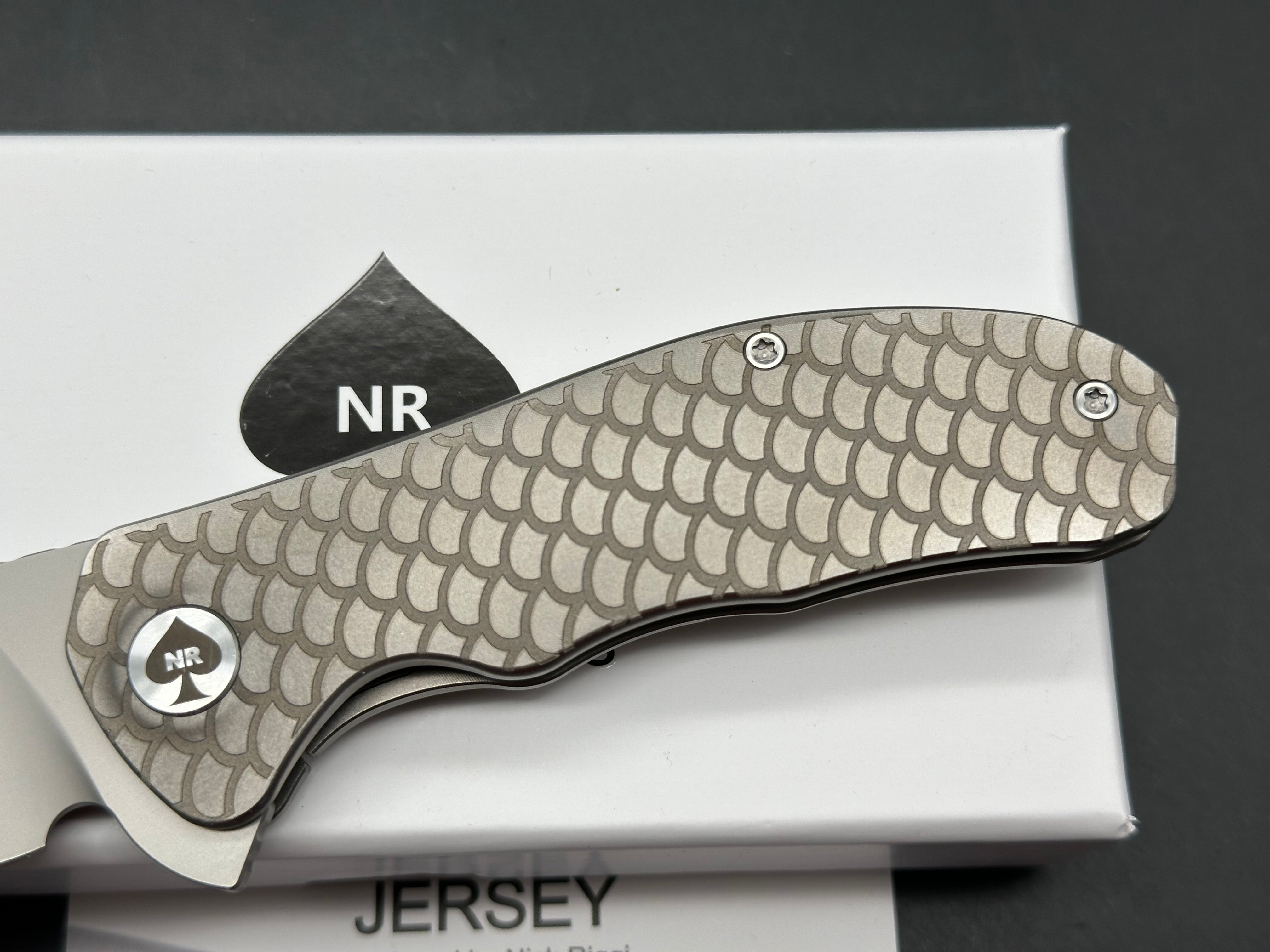 NRiggi Knives "JERSEY" Laser Engraved Titanium Scales w/CPM 20CV bead blast blade