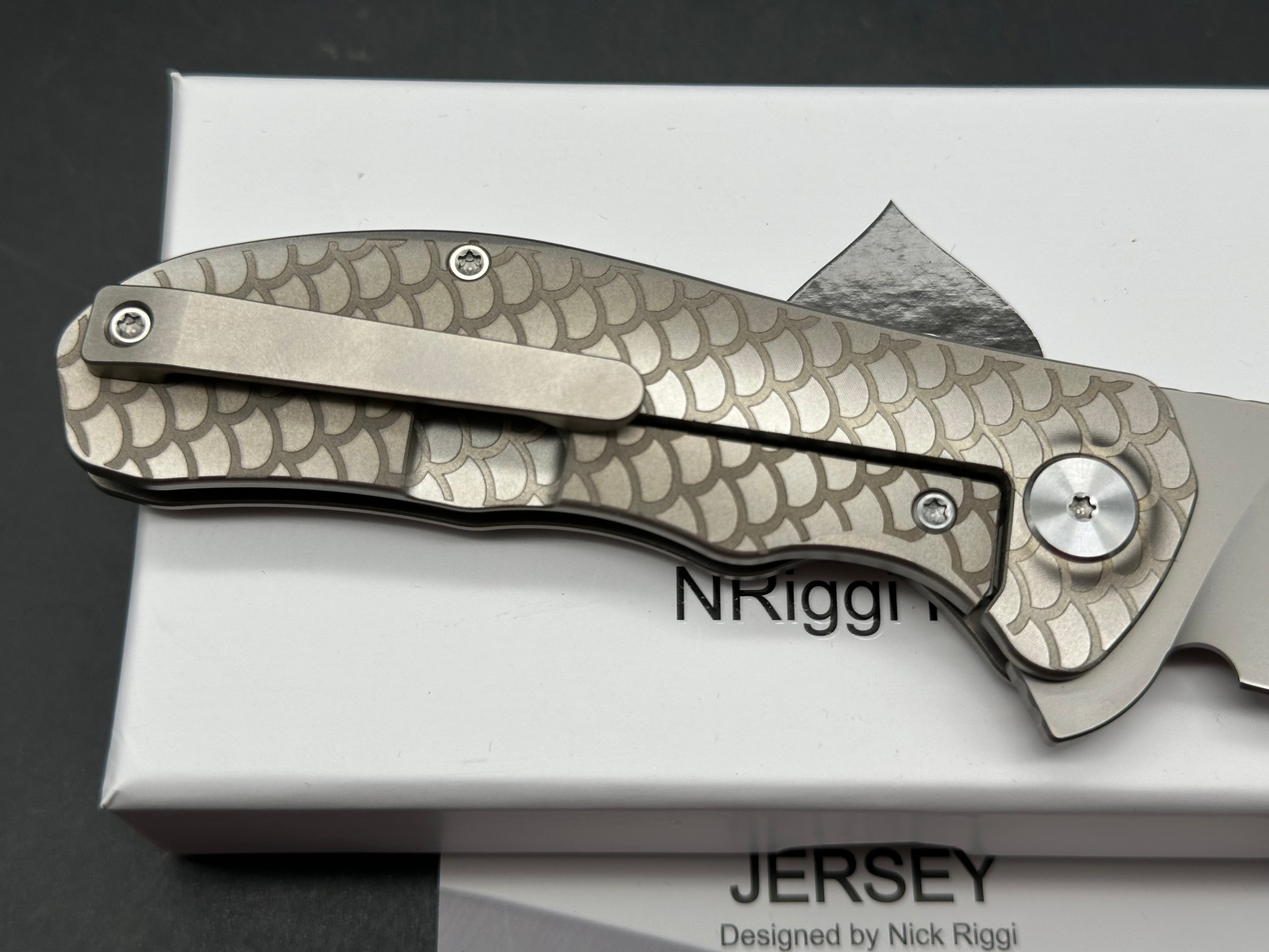 NRiggi Knives "JERSEY" Laser Engraved Titanium Scales w/CPM 20CV bead blast blade