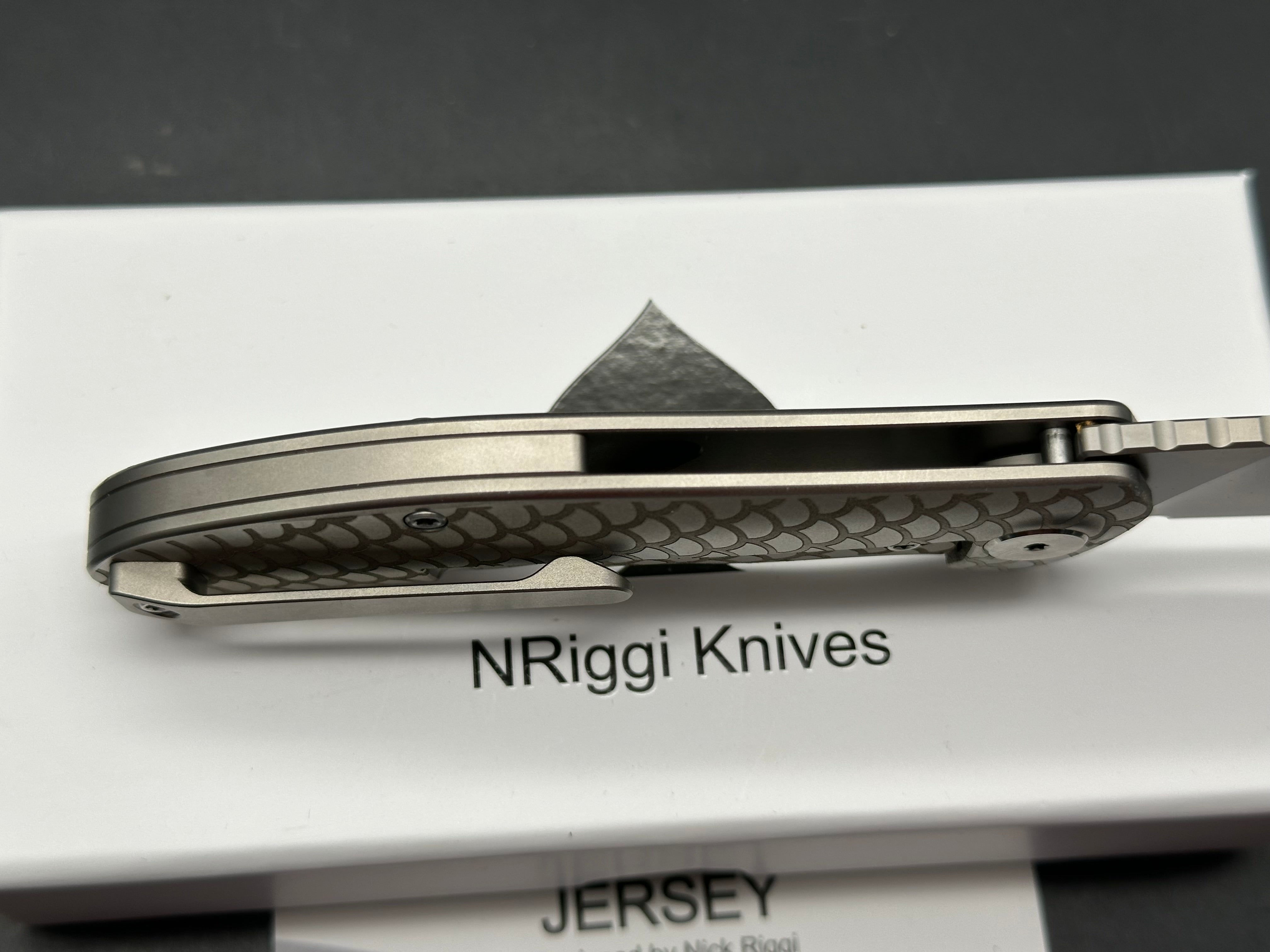 NRiggi Knives "JERSEY" Laser Engraved Titanium Scales w/CPM 20CV bead blast blade