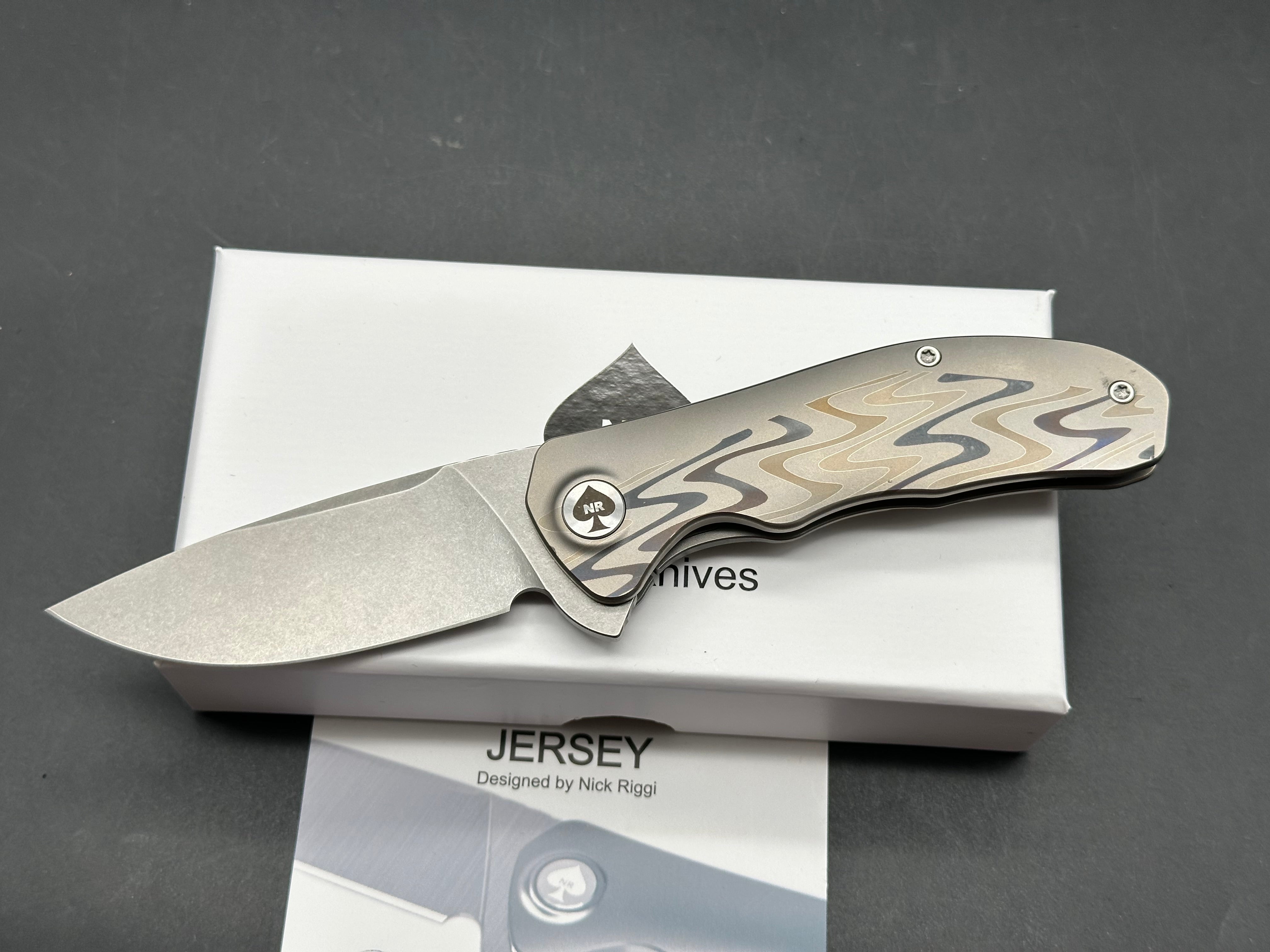 NRiggi Knives "JERSEY" Laser Engraved Titanium Scales w/CPM 20CV stonewash blade (wave pattern)