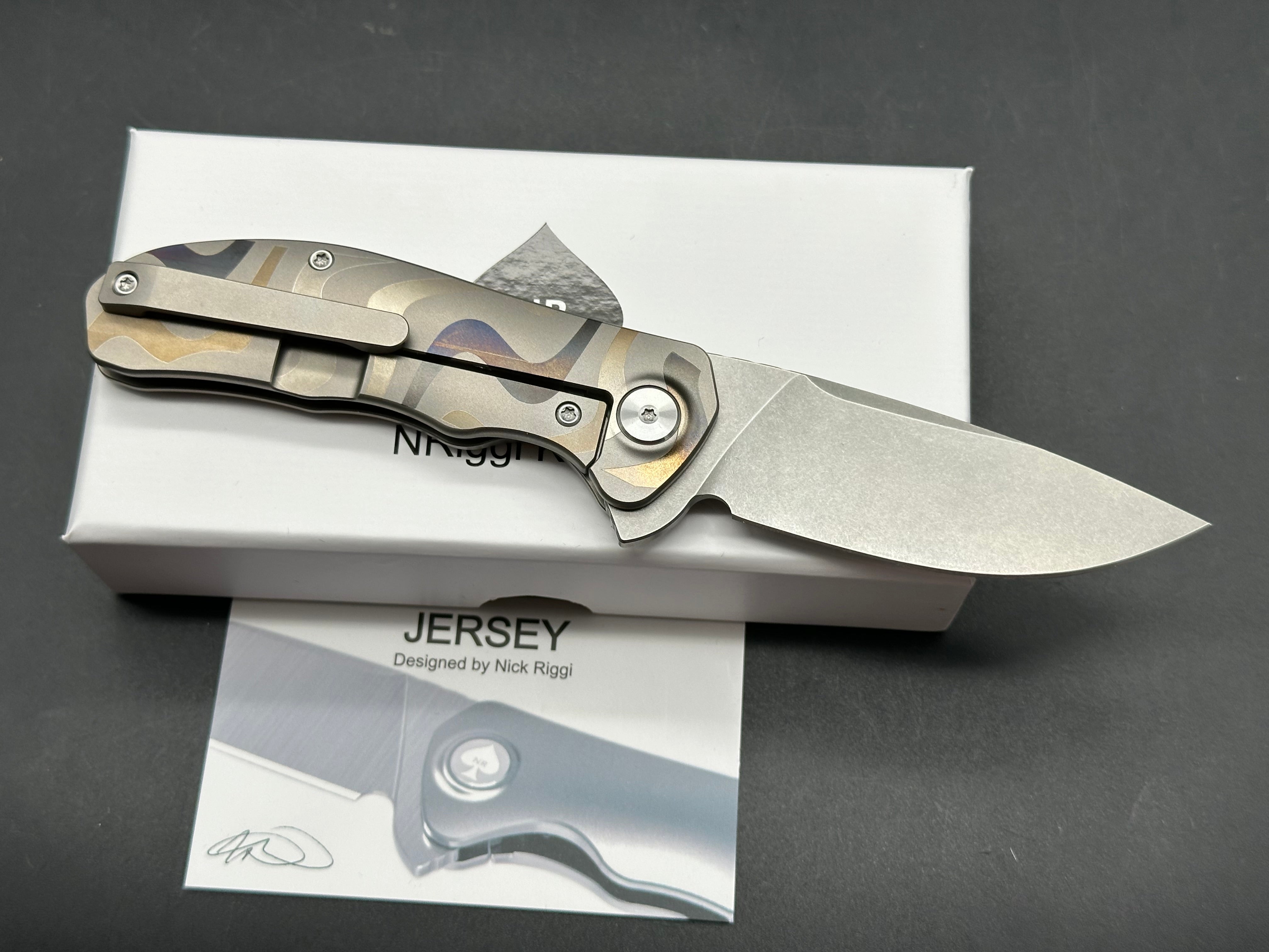 NRiggi Knives "JERSEY" Laser Engraved Titanium Scales w/CPM 20CV stonewash blade (wave pattern)