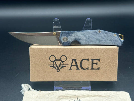 GiantMouse Vox/Anso ACE Clyde Liner Lock Knife Denim Micarta/Brass (3" Satin)