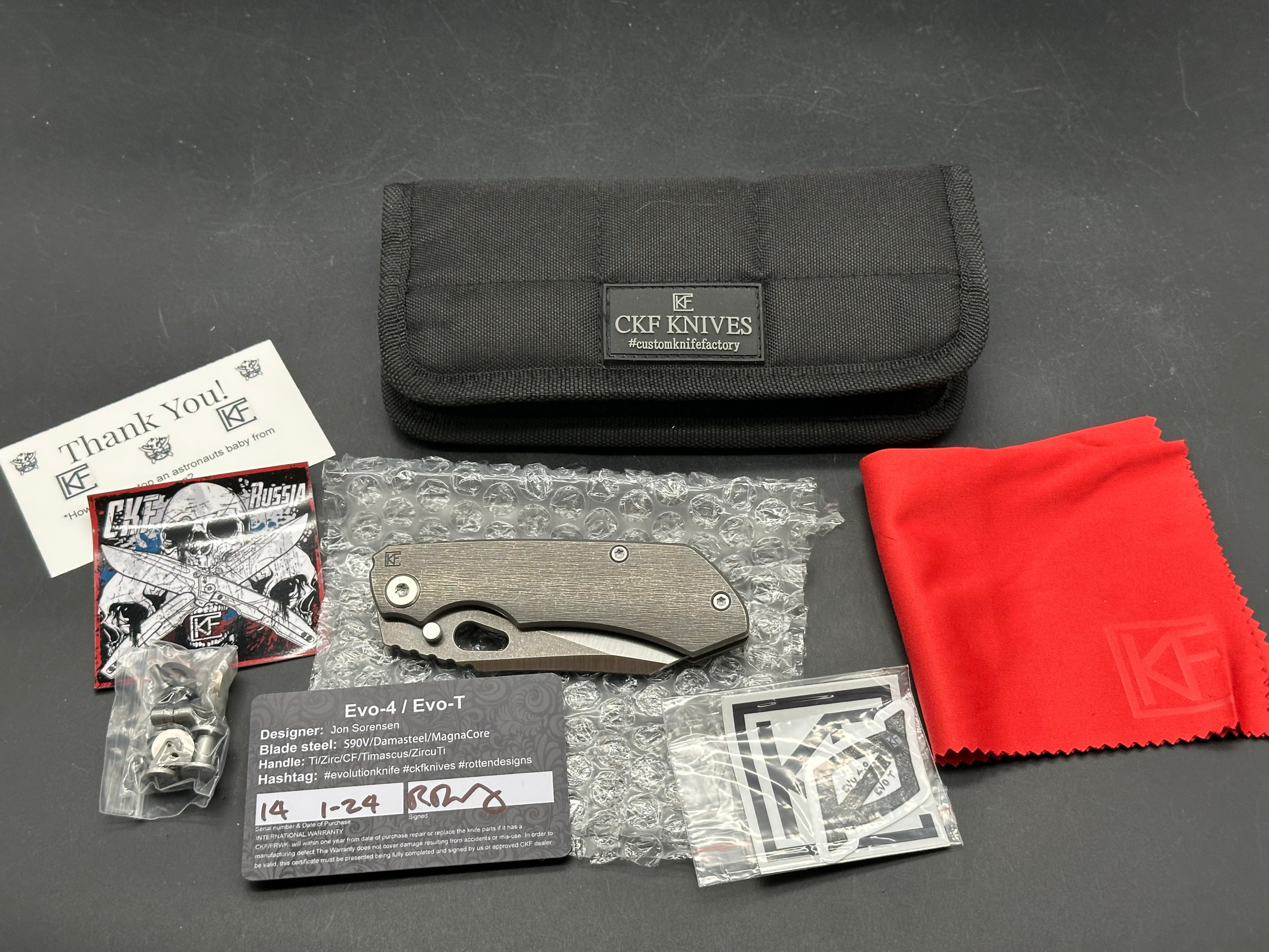 CKF EVO 4.0 Plain Jane #14, Machine Satin S90V Blade, Dark Blasted and Tumbled Titanium Handles