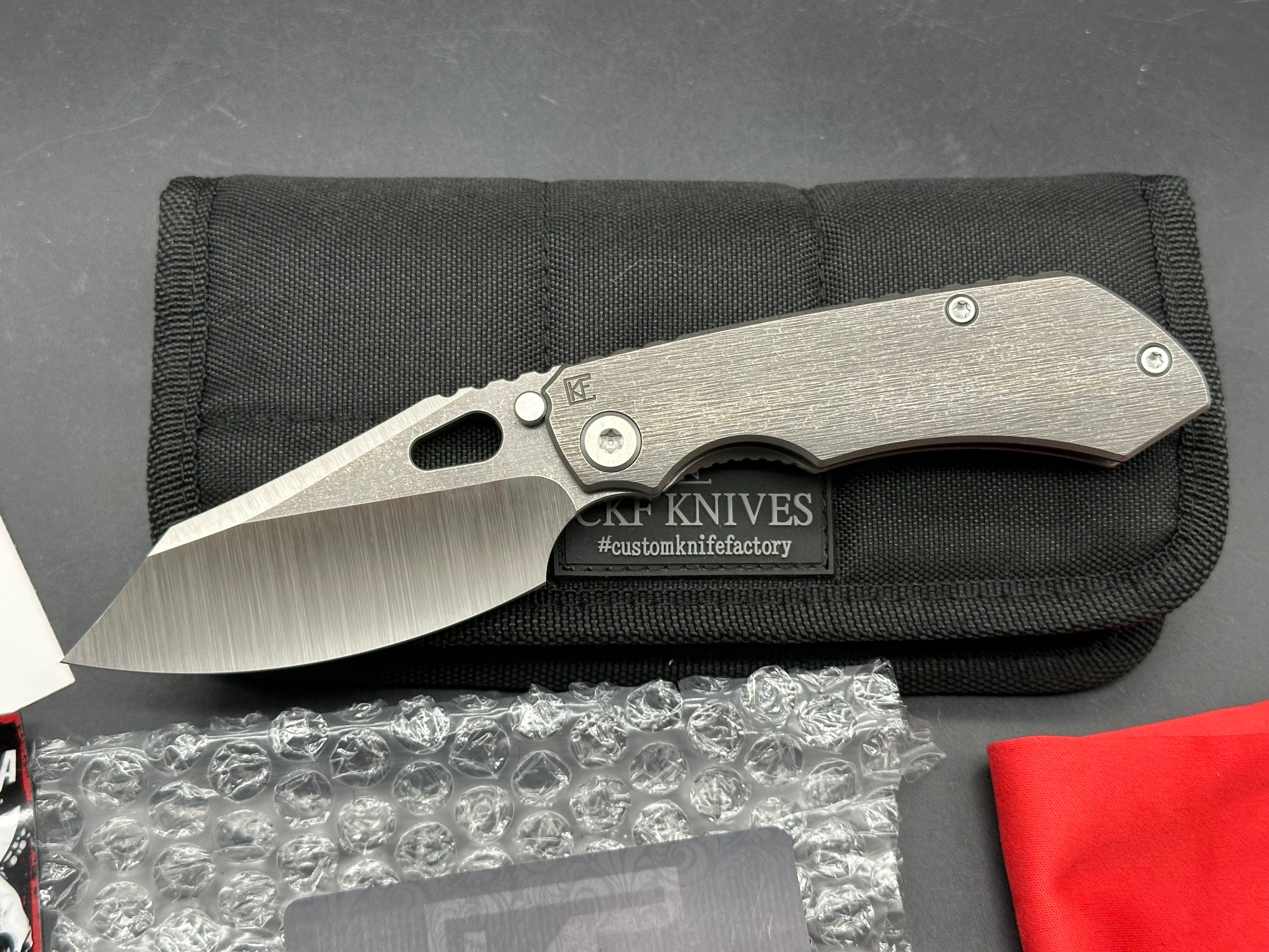 CKF EVO 4.0 Plain Jane #14, Machine Satin S90V Blade, Dark Blasted and Tumbled Titanium Handles