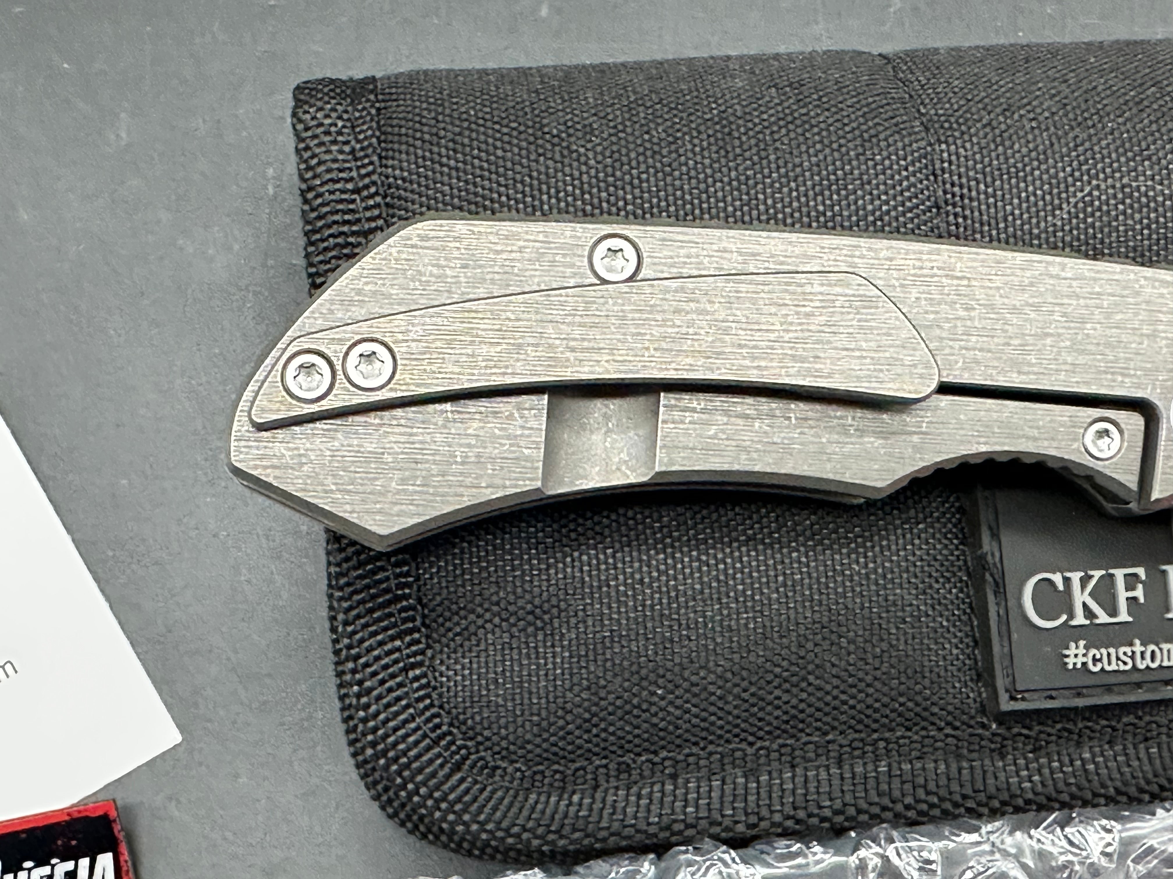 CKF EVO 4.0 Plain Jane #14, Machine Satin S90V Blade, Dark Blasted and Tumbled Titanium Handles