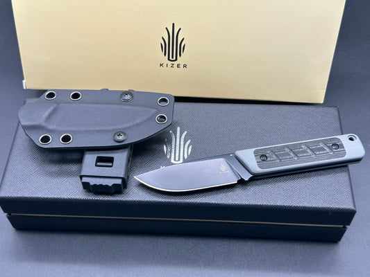 KIZER SMOLT FIXED BLADE KNIFE GRAY/BLACK G10/MICARTA HANDLE 3V DROP POINT PLAIN BLACK BLADE