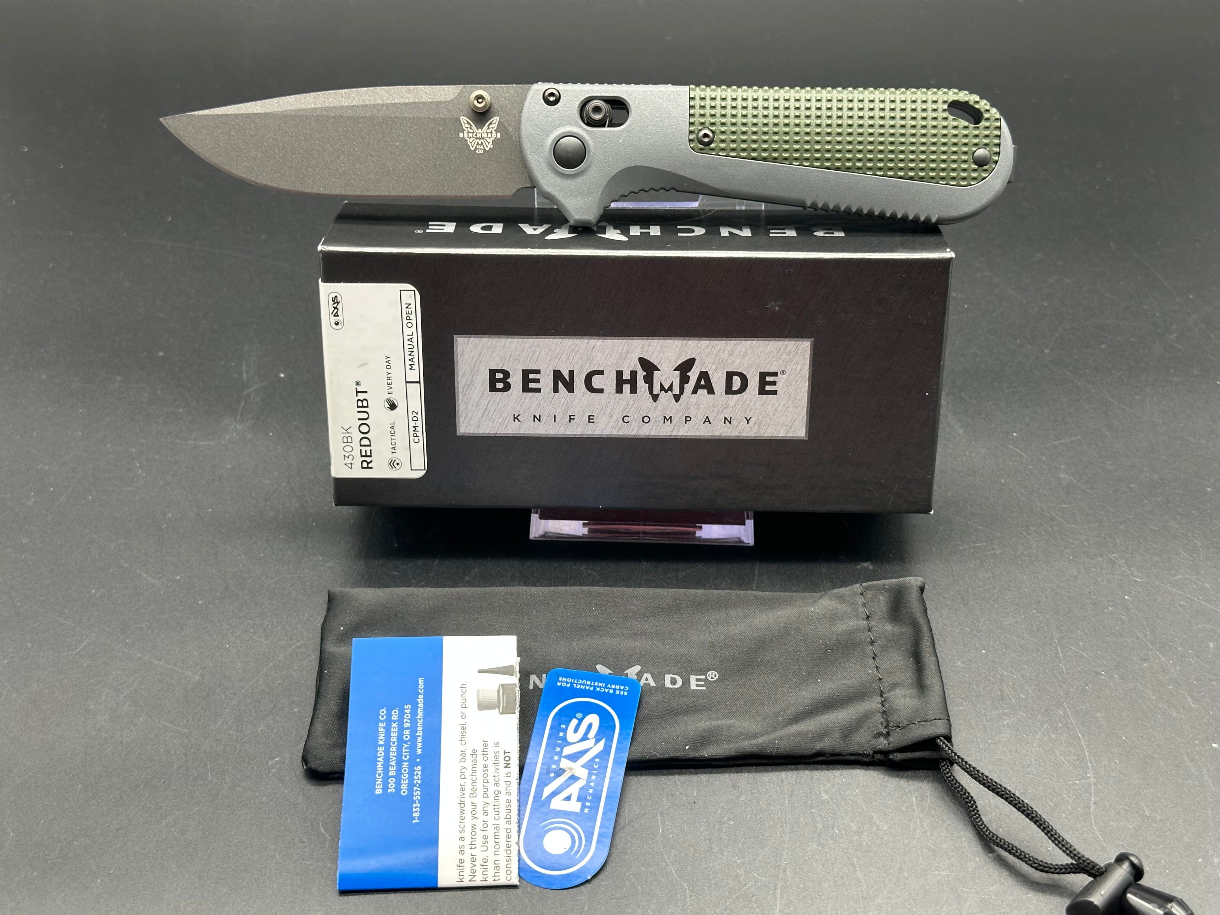 Benchmade Redoubt, 3.55" CPM D2 Cobalt Black Cerakote Blade with Gray and Green Grivory Handle