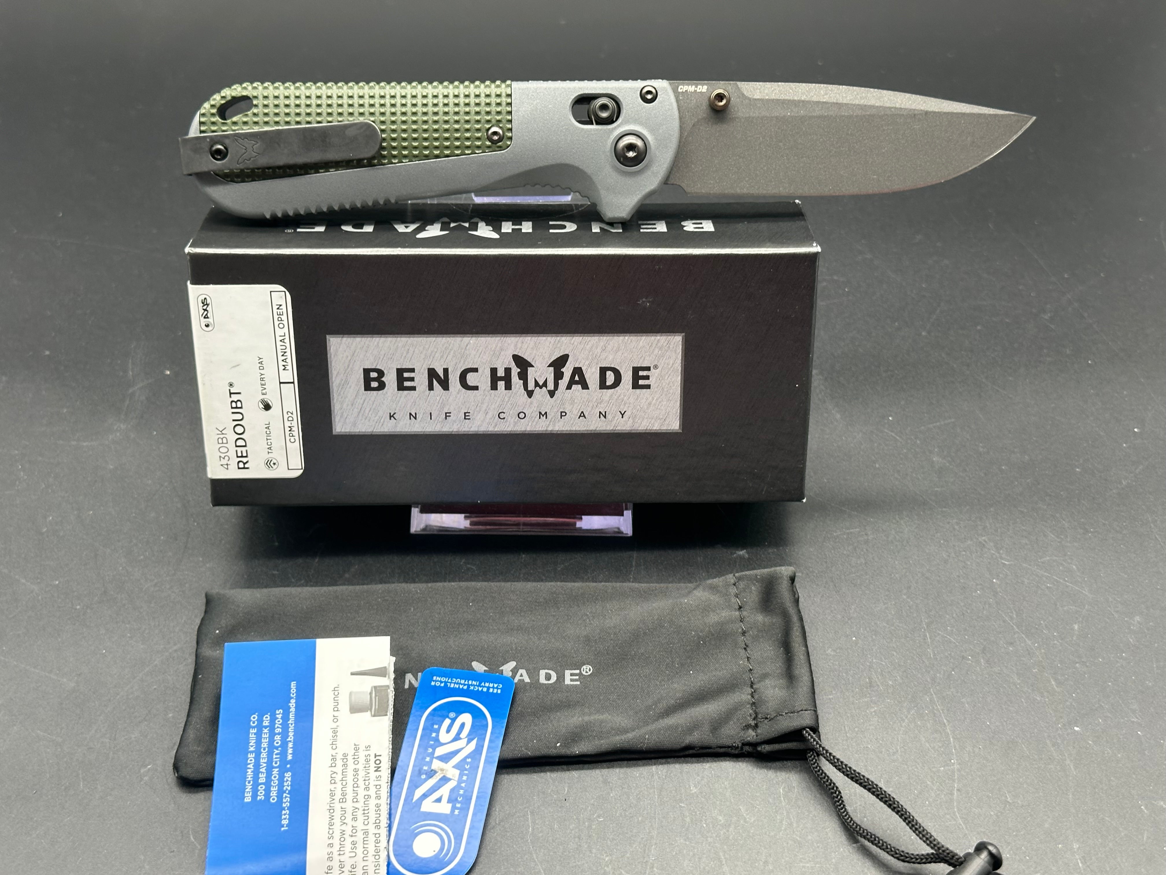 Benchmade Redoubt, 3.55" CPM D2 Cobalt Black Cerakote Blade with Gray and Green Grivory Handle