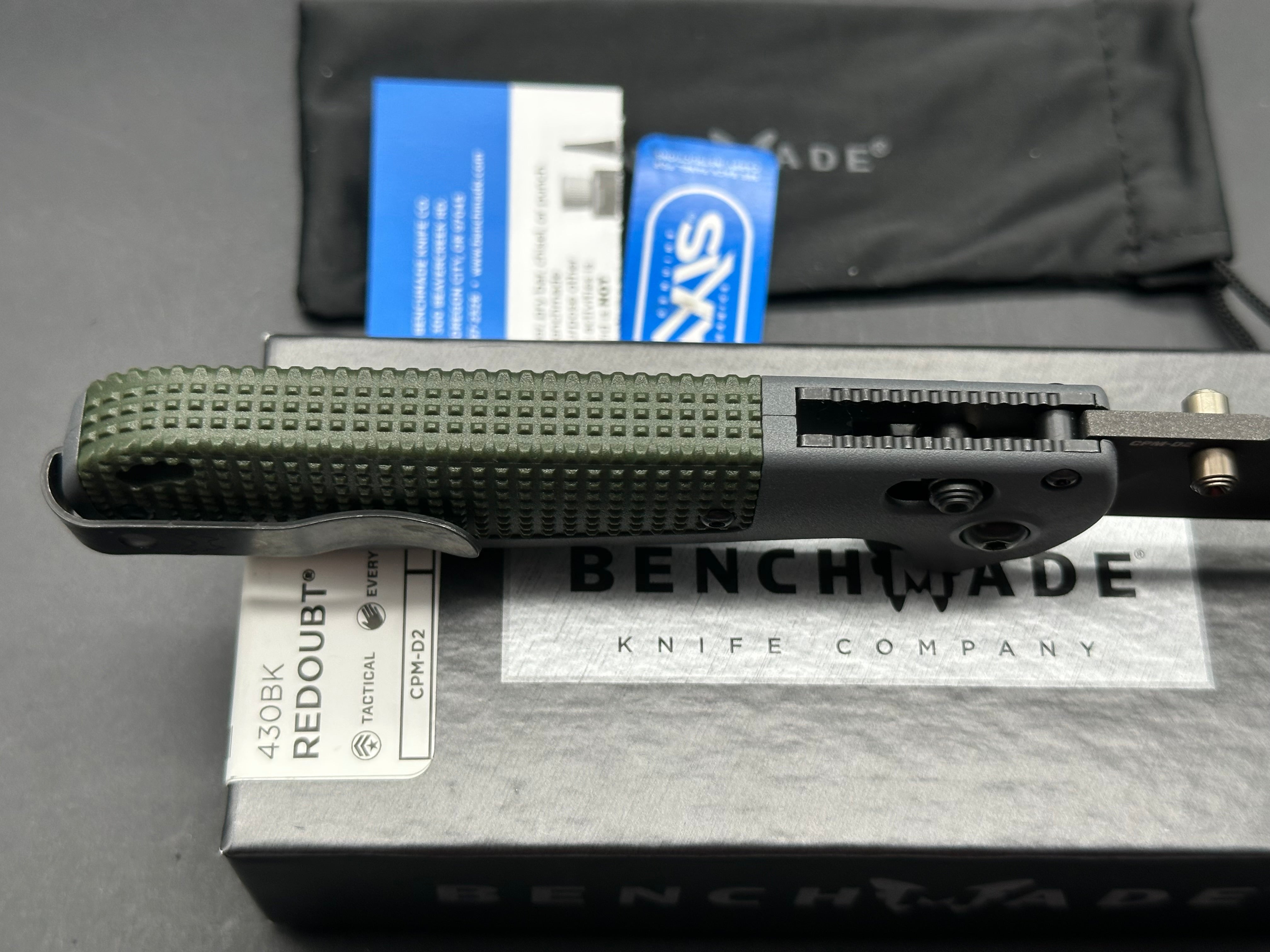 Benchmade Redoubt, 3.55" CPM D2 Cobalt Black Cerakote Blade with Gray and Green Grivory Handle