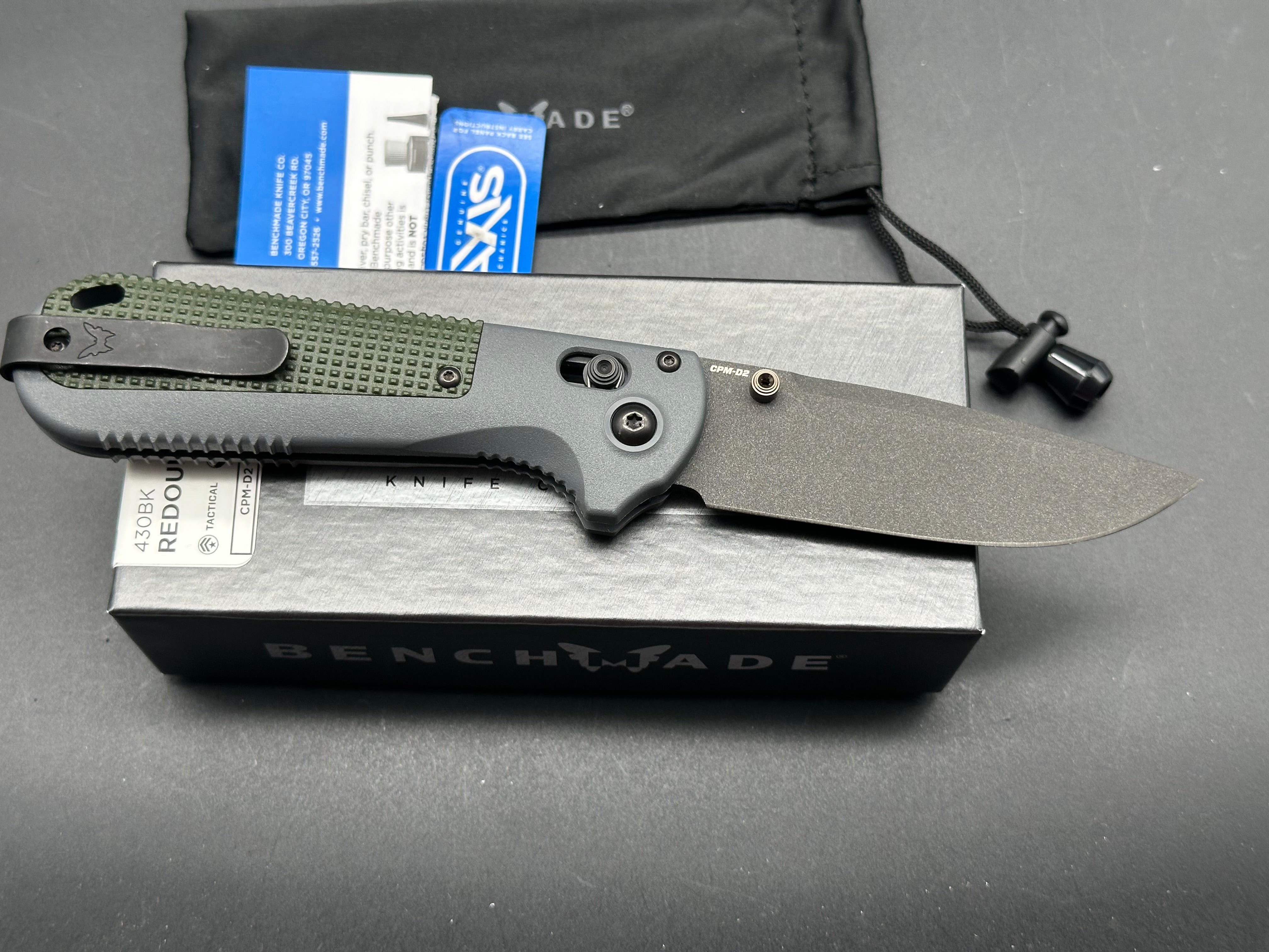 Benchmade Redoubt, 3.55" CPM D2 Cobalt Black Cerakote Blade with Gray and Green Grivory Handle