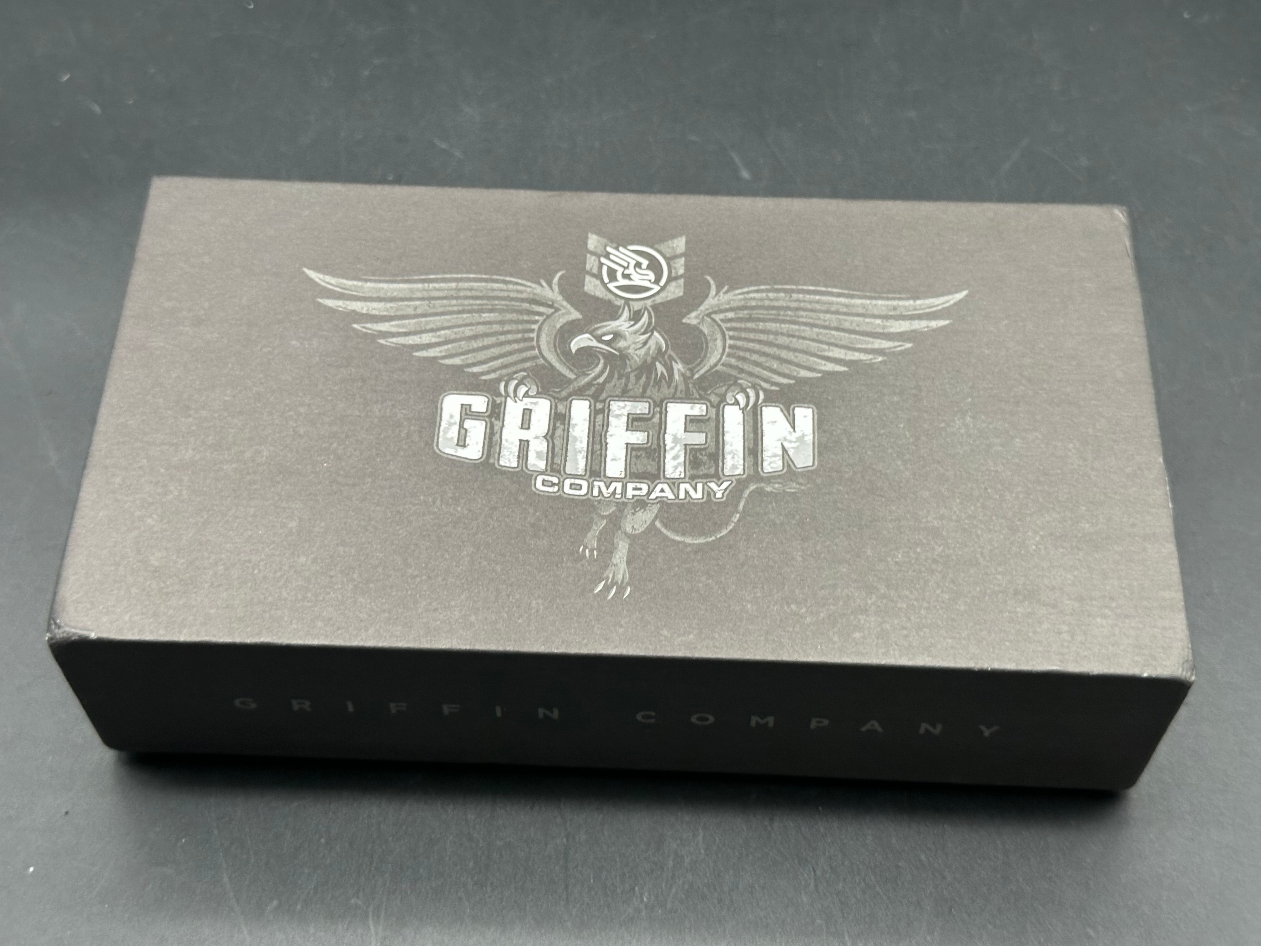 Griffin Company Scout F3 (First Run), Belt Satin M390 Blade, Tumbled Titanium Handles w/Marbled Carbon Fiber Inlays