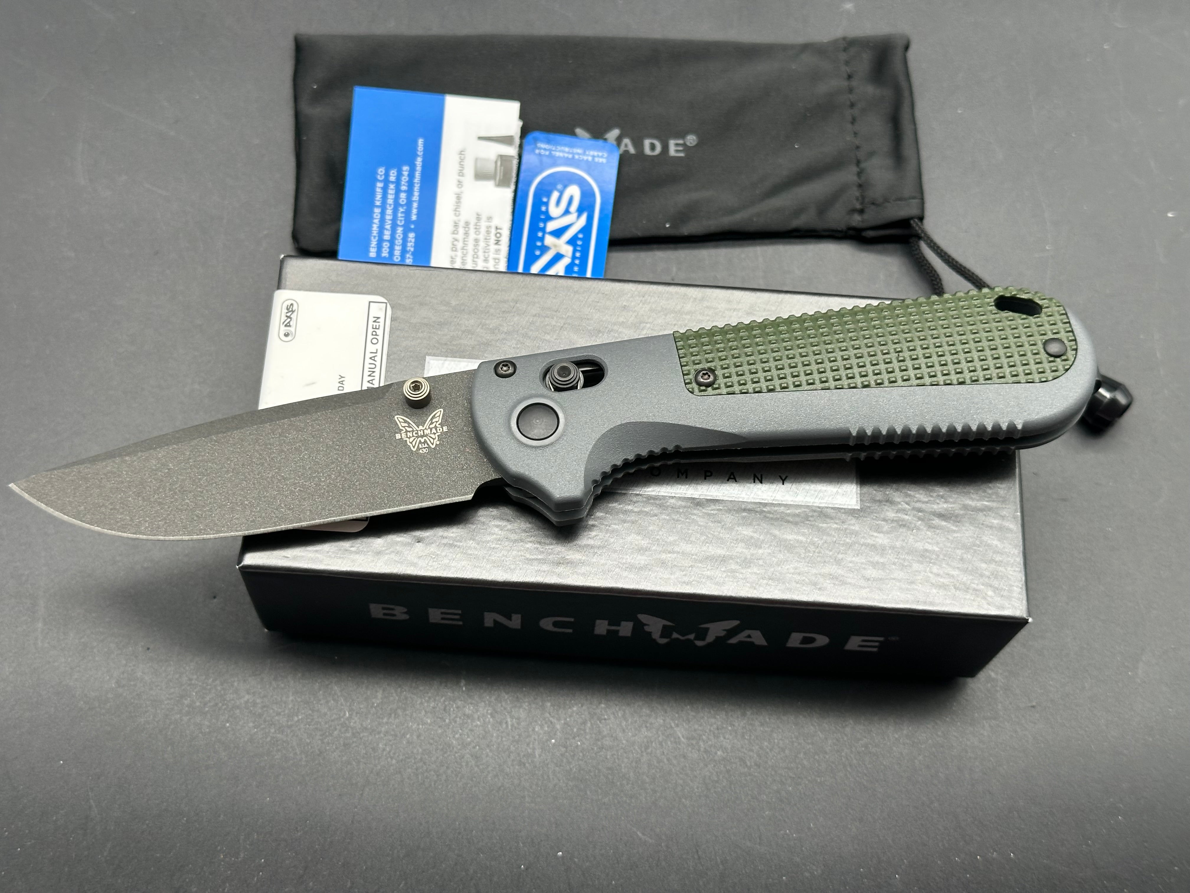 Benchmade Redoubt, 3.55" CPM D2 Cobalt Black Cerakote Blade with Gray and Green Grivory Handle