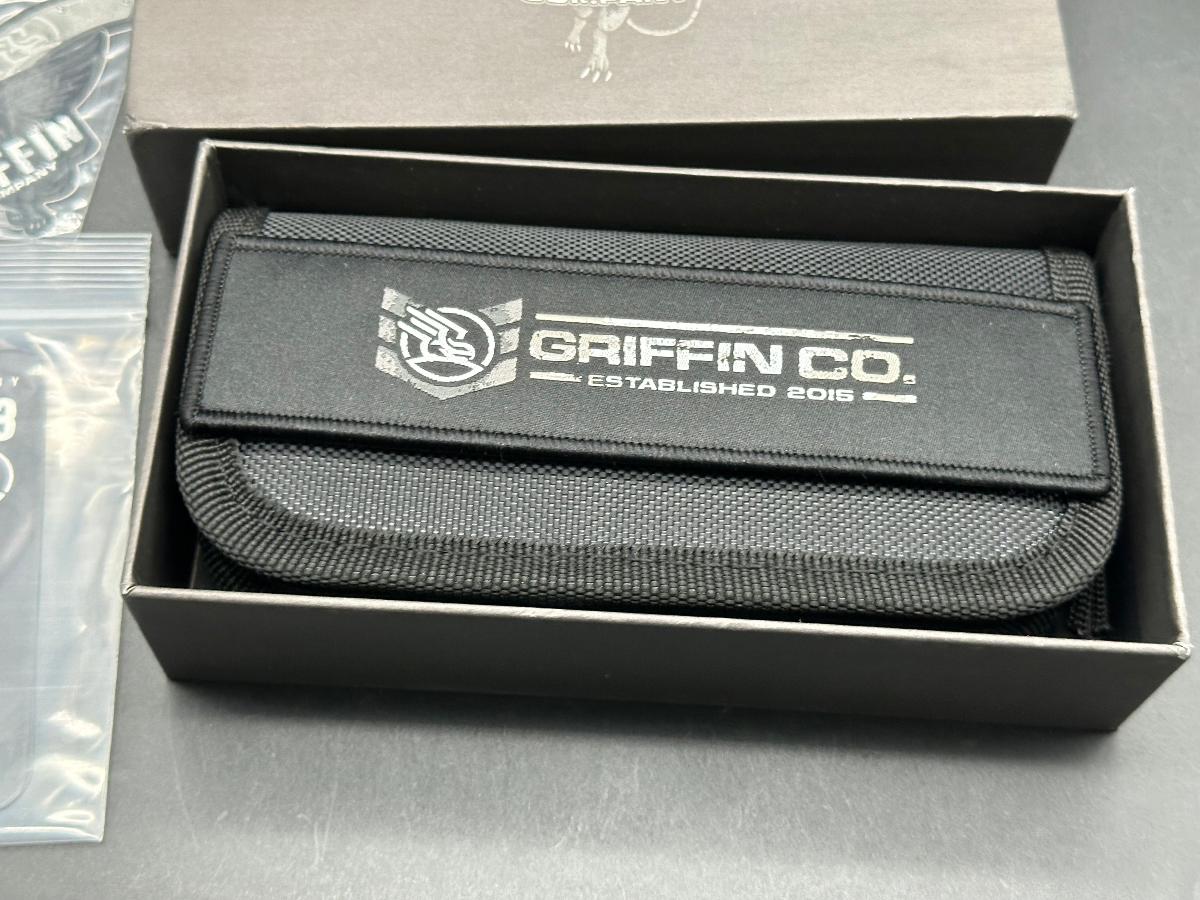 Griffin Company Scout F3 (First Run), Belt Satin M390 Blade, Tumbled Titanium Handles w/Marbled Carbon Fiber Inlays