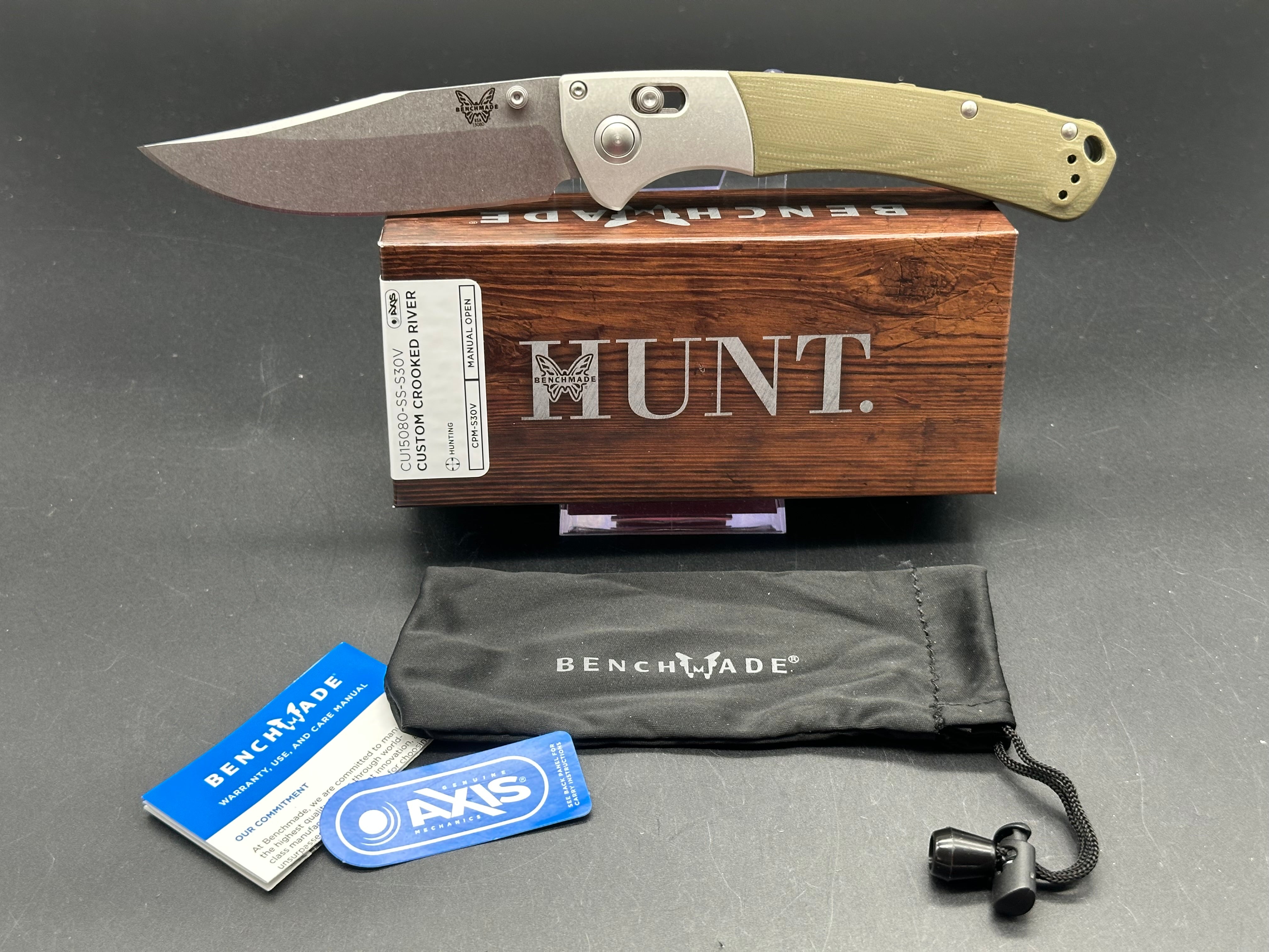 Benchmade Crooked River Custom, 4" S30V Clip Point Blade with Aluminum/OD Green G10 Handle