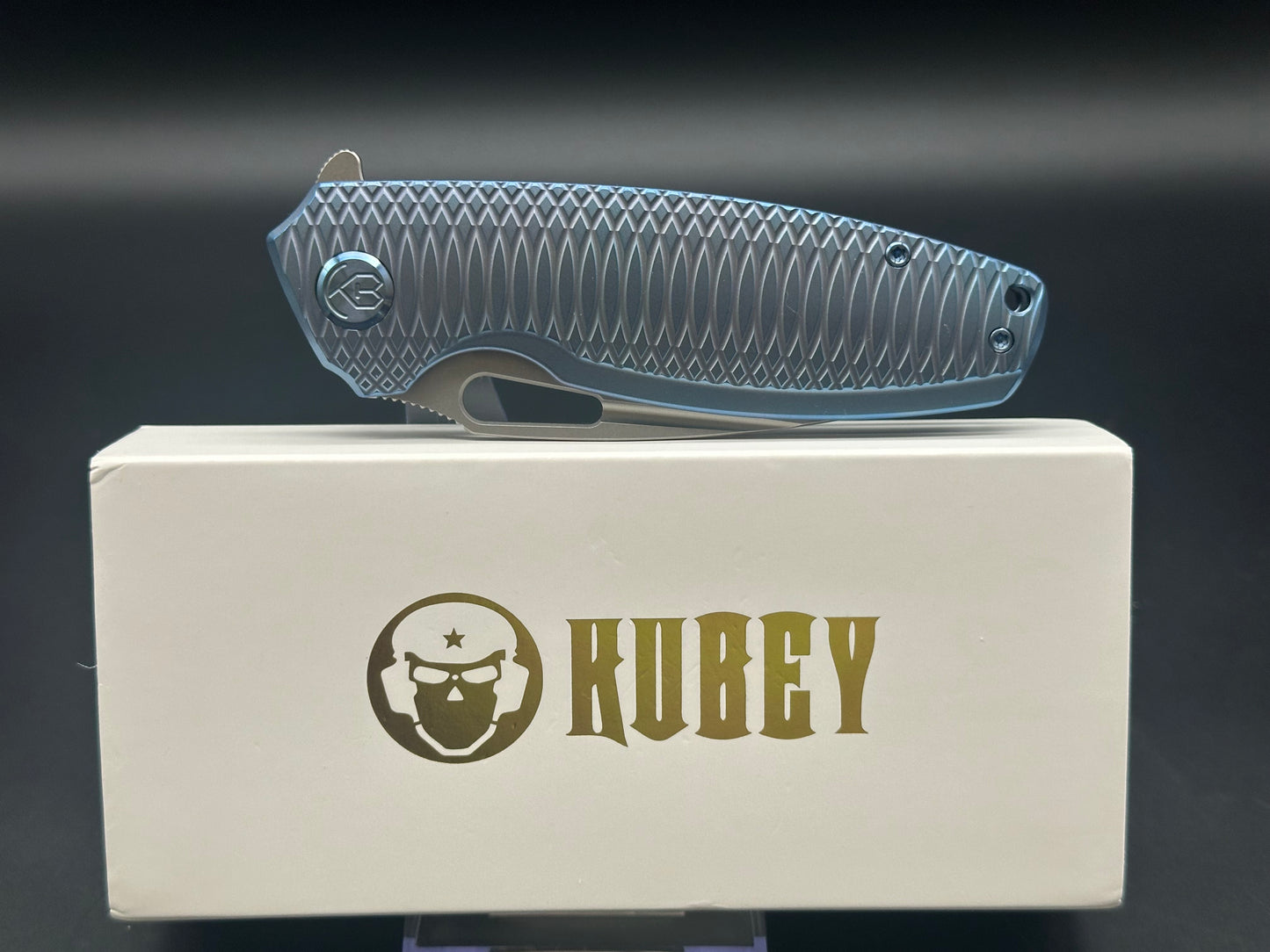 KUBEY TITYUS FRAME LOCK FOLDING KNIFE BLUE TITANIUM HANDLE 14C28N DROP POINT PLAIN EDGE BEAD BLAST FINISH