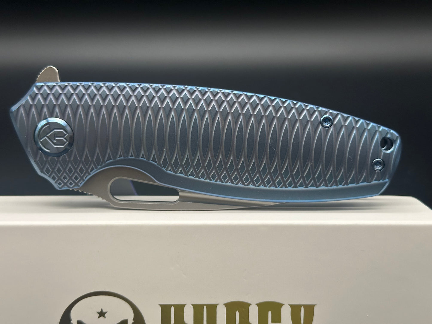 KUBEY TITYUS FRAME LOCK FOLDING KNIFE BLUE TITANIUM HANDLE 14C28N DROP POINT PLAIN EDGE BEAD BLAST FINISH