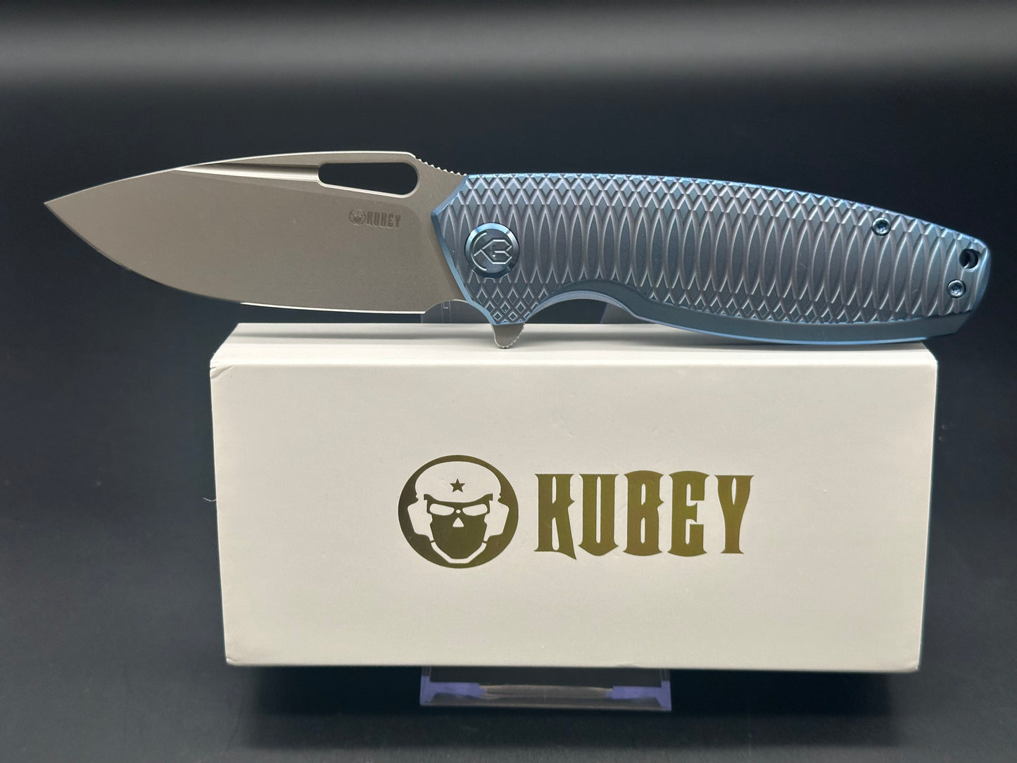 KUBEY TITYUS FRAME LOCK FOLDING KNIFE BLUE TITANIUM HANDLE 14C28N DROP POINT PLAIN EDGE BEAD BLAST FINISH