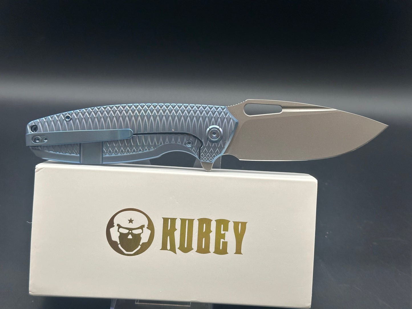 KUBEY TITYUS FRAME LOCK FOLDING KNIFE BLUE TITANIUM HANDLE 14C28N DROP POINT PLAIN EDGE BEAD BLAST FINISH