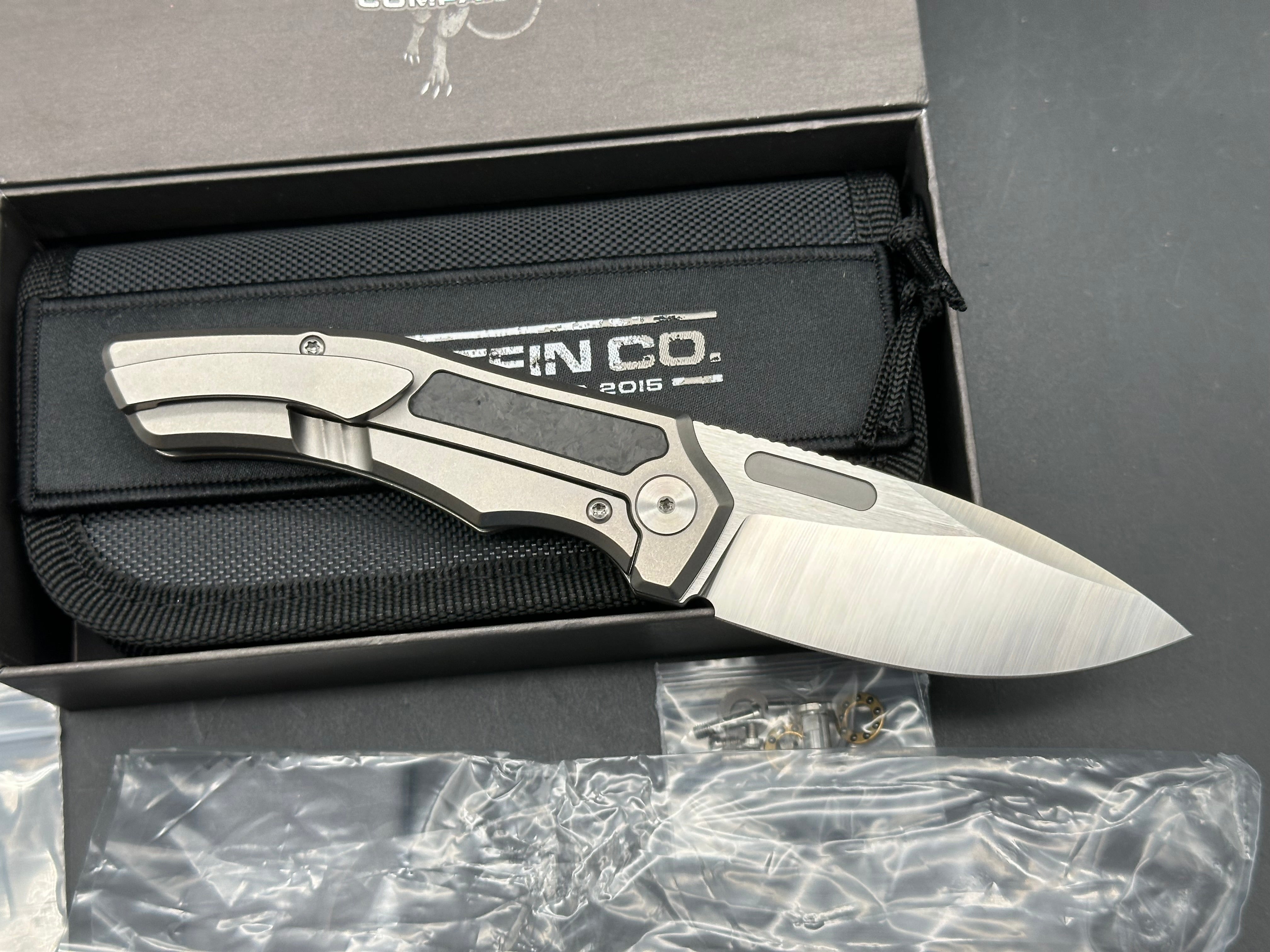 Griffin Company Scout F3 (First Run), Belt Satin M390 Blade, Tumbled Titanium Handles w/Marbled Carbon Fiber Inlays
