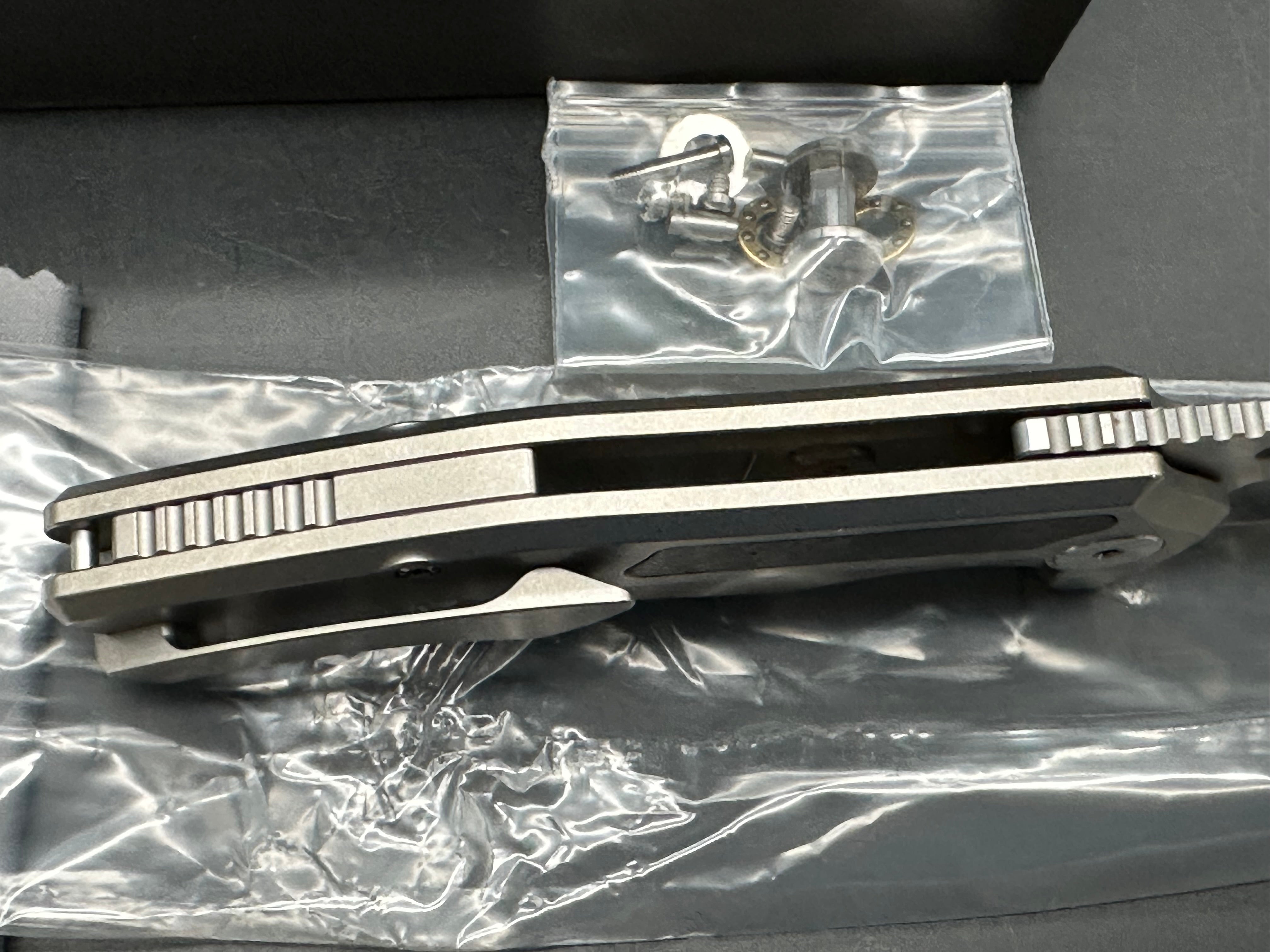 Griffin Company Scout F3 (First Run), Belt Satin M390 Blade, Tumbled Titanium Handles w/Marbled Carbon Fiber Inlays