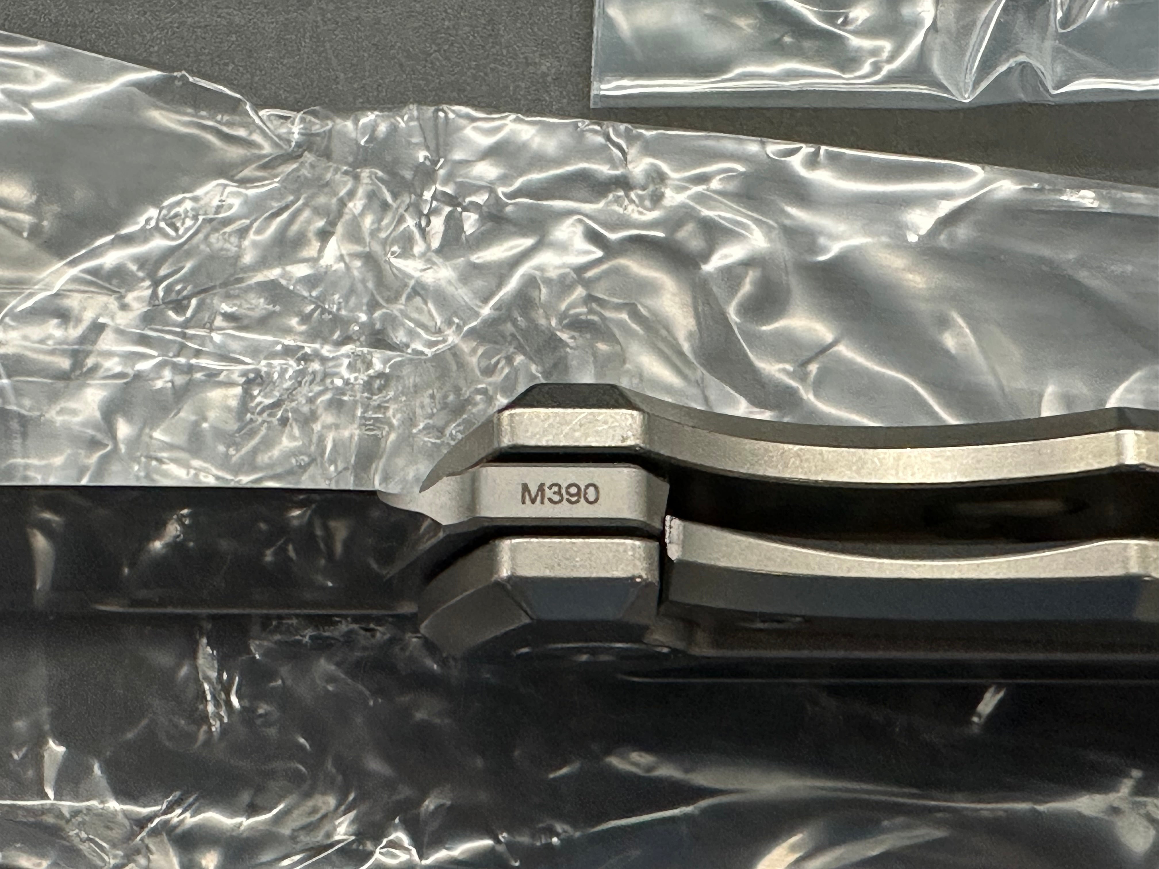 Griffin Company Scout F3 (First Run), Belt Satin M390 Blade, Tumbled Titanium Handles w/Marbled Carbon Fiber Inlays