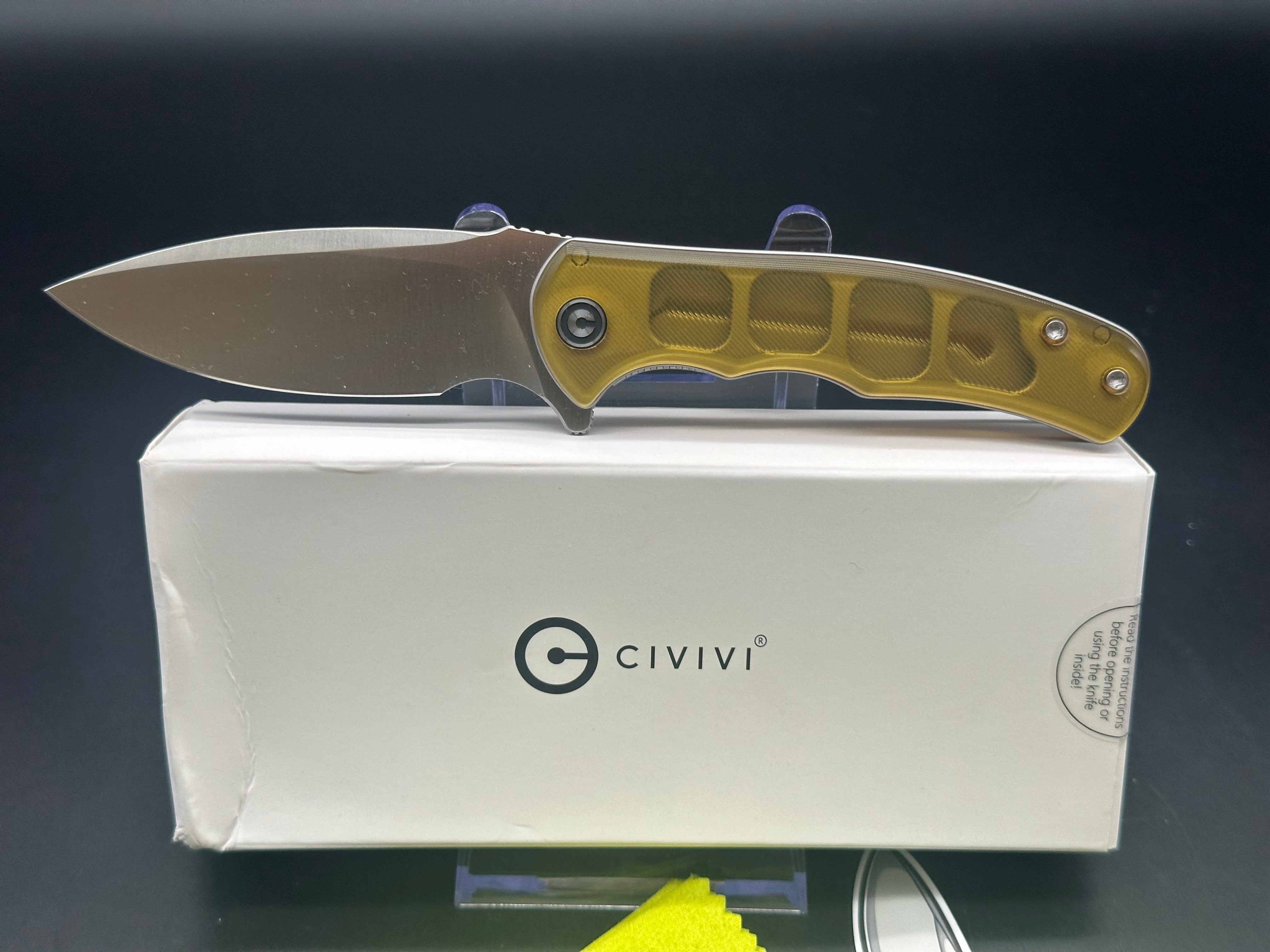 CIVIVI MINI PRAXIS FOLDING KNIFE POLISHED ULTEM HANDLE D2 DROP POINT PLAIN EDGE SATIN FINISH