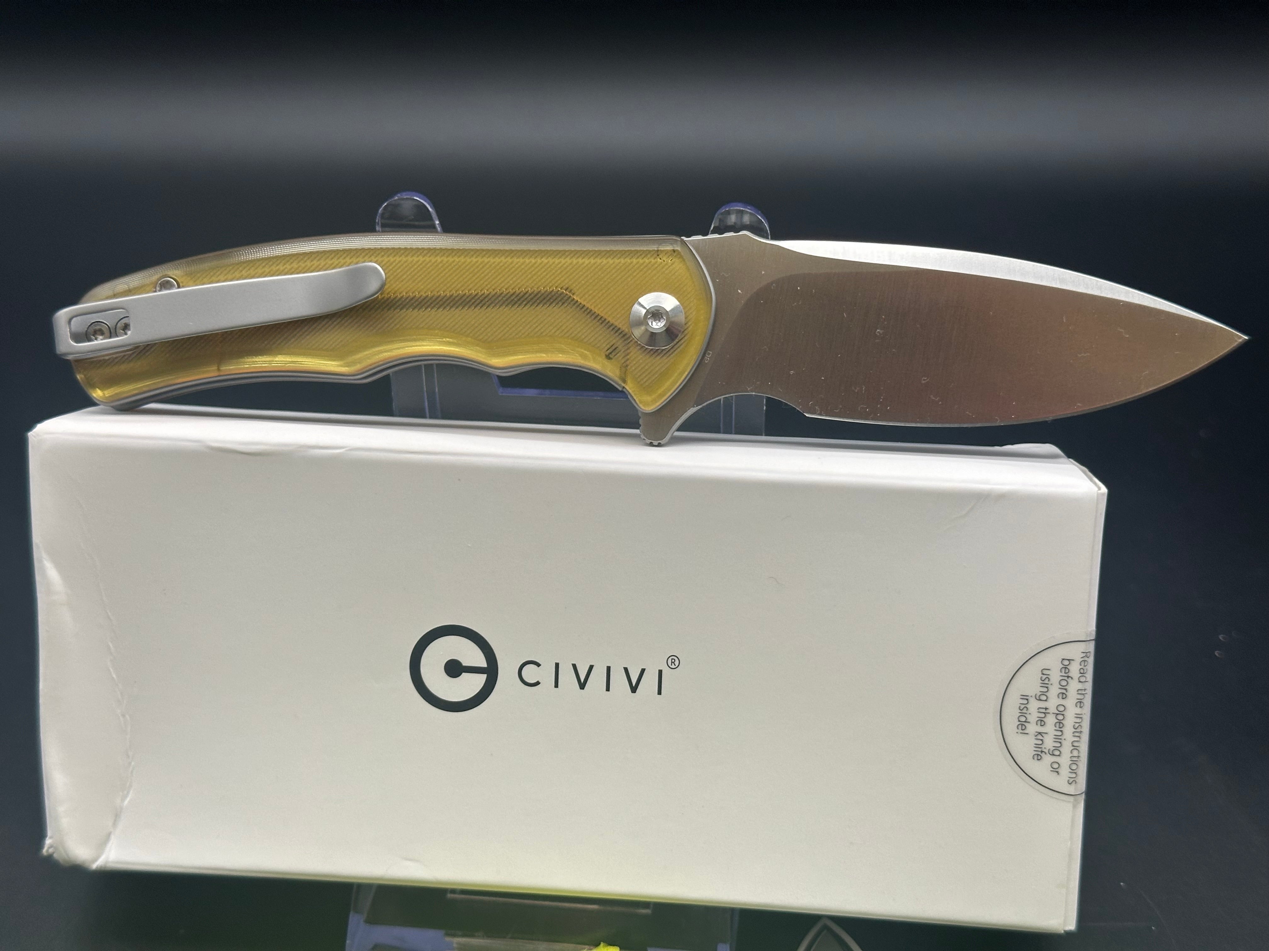 CIVIVI MINI PRAXIS FOLDING KNIFE POLISHED ULTEM HANDLE D2 DROP POINT PLAIN EDGE SATIN FINISH