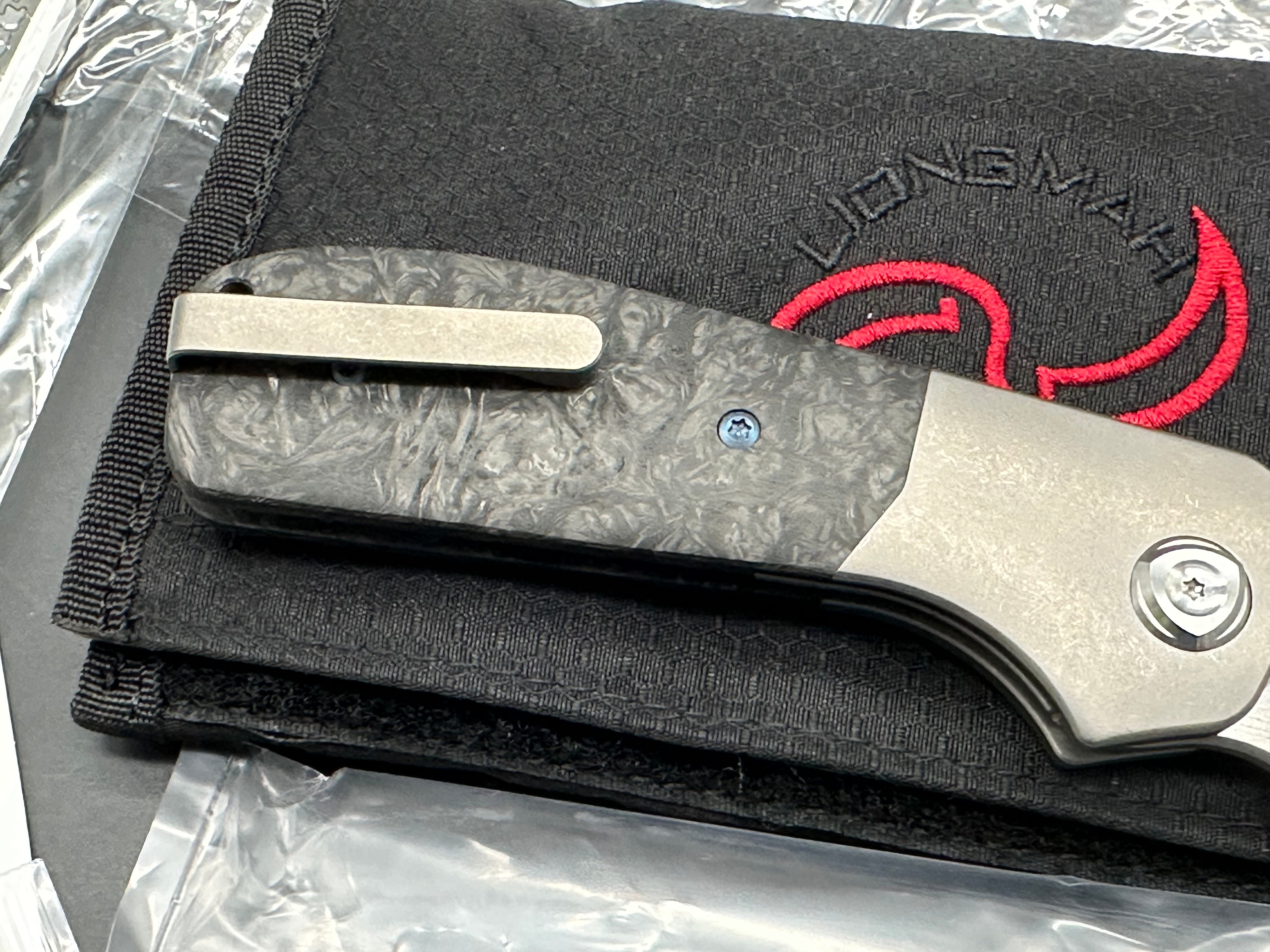 Liong Mah Field Duty 3.5 #18 of 140, Belt Satin S90V Blade, Tumbled Titanium Handles w/Dark Matter Black Carbon Fiber Overlays