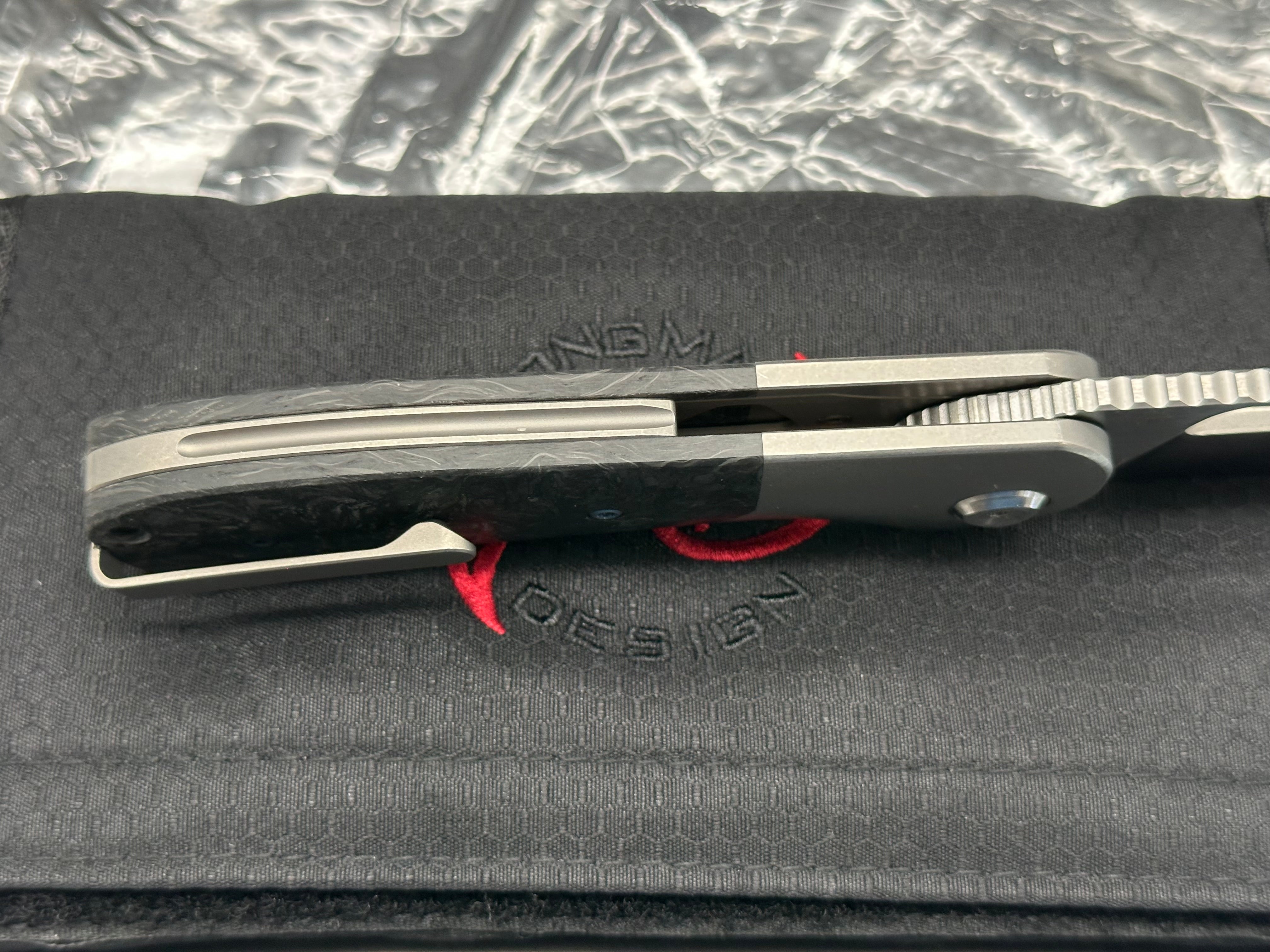 Liong Mah Field Duty 3.5 #18 of 140, Belt Satin S90V Blade, Tumbled Titanium Handles w/Dark Matter Black Carbon Fiber Overlays