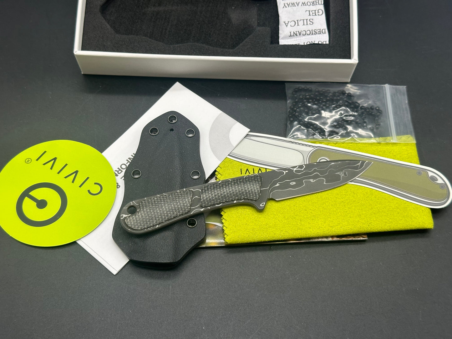 CIVIVI MINI ELEMENTUM FIXED BLADE KNIFE DARK GREEN CANVAS MICARTA HANDLE DAMASCUS DROP POINT