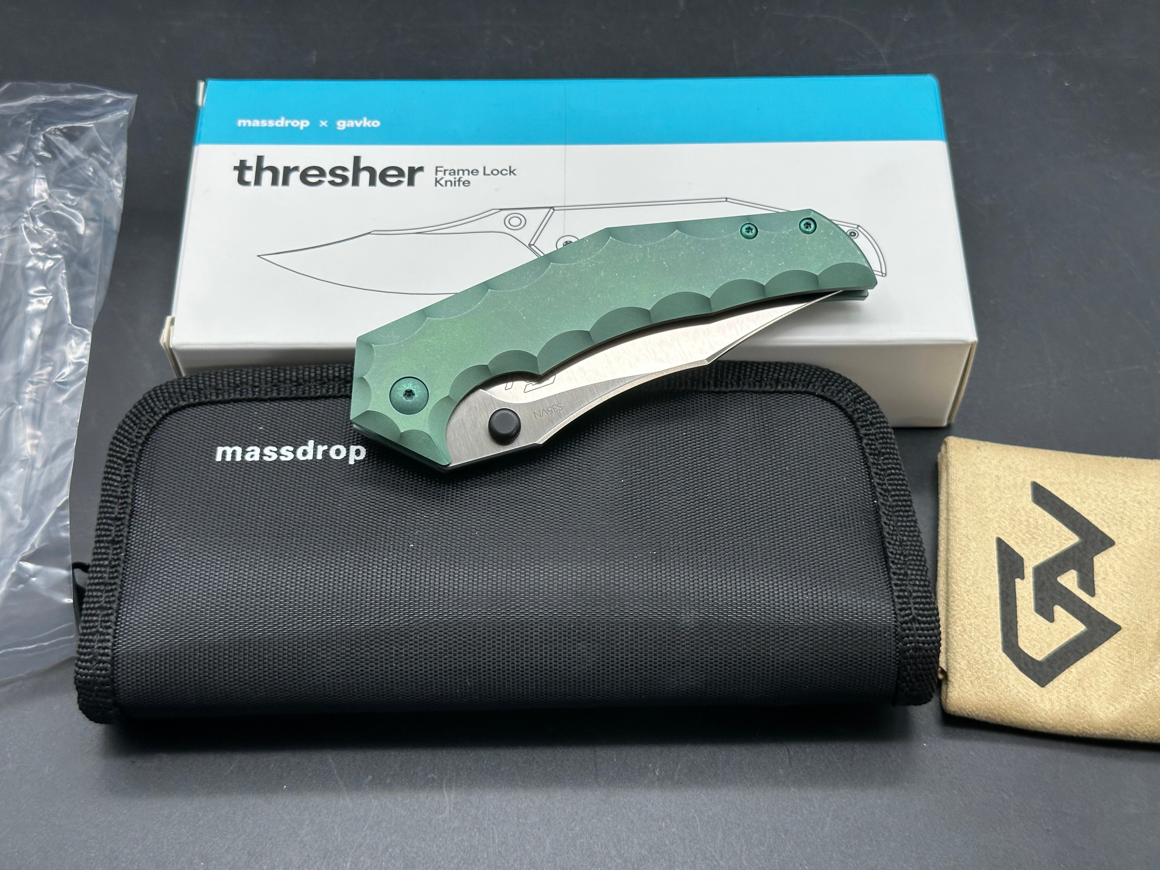 Massdrop x Gavko Thresher, Satin CPM-S35VN Blade, Green Anodized Titanium Handles, Backspacer, Pocket Clip and Hardware
