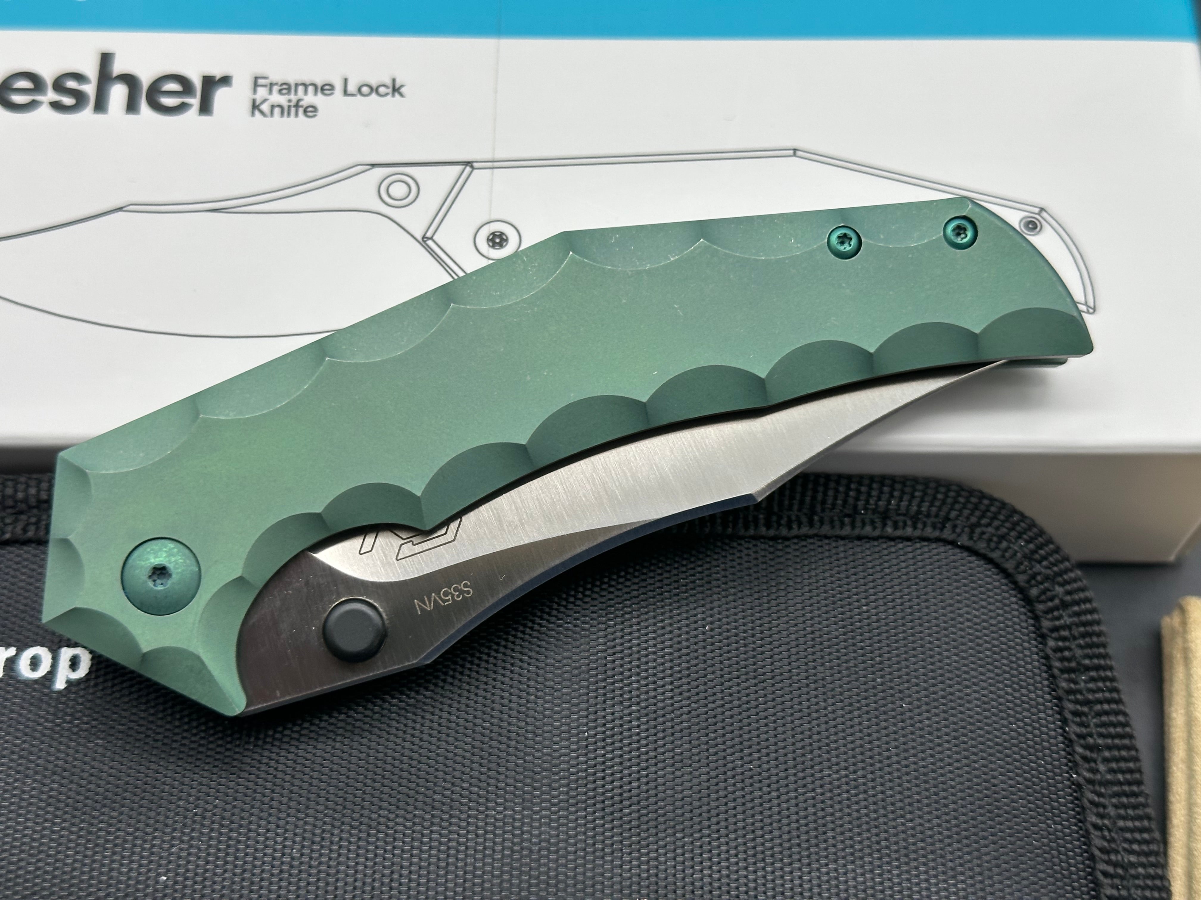 Massdrop x Gavko Thresher, Satin CPM-S35VN Blade, Green Anodized Titanium Handles, Backspacer, Pocket Clip and Hardware