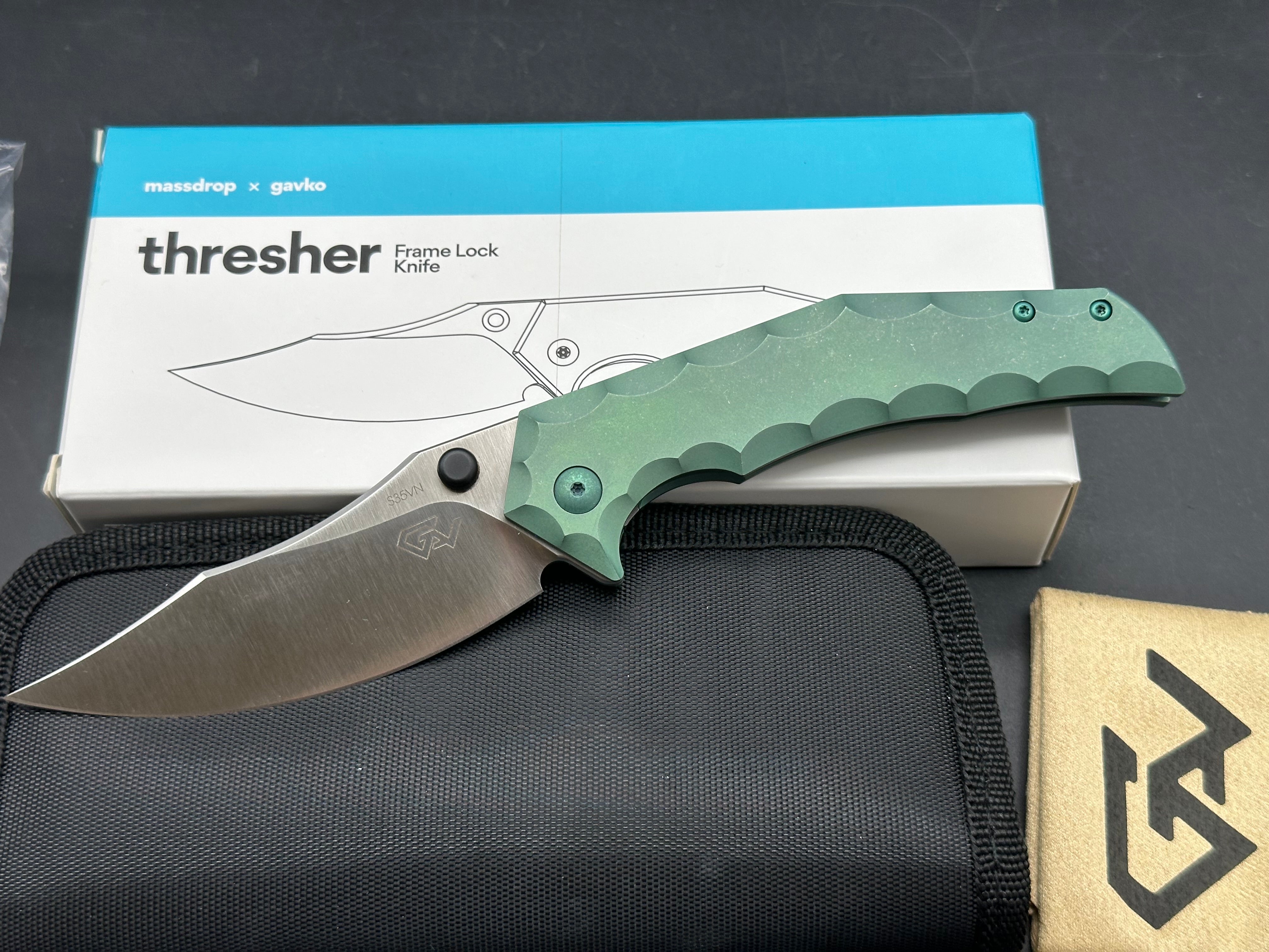 Massdrop x Gavko Thresher, Satin CPM-S35VN Blade, Green Anodized Titanium Handles, Backspacer, Pocket Clip and Hardware