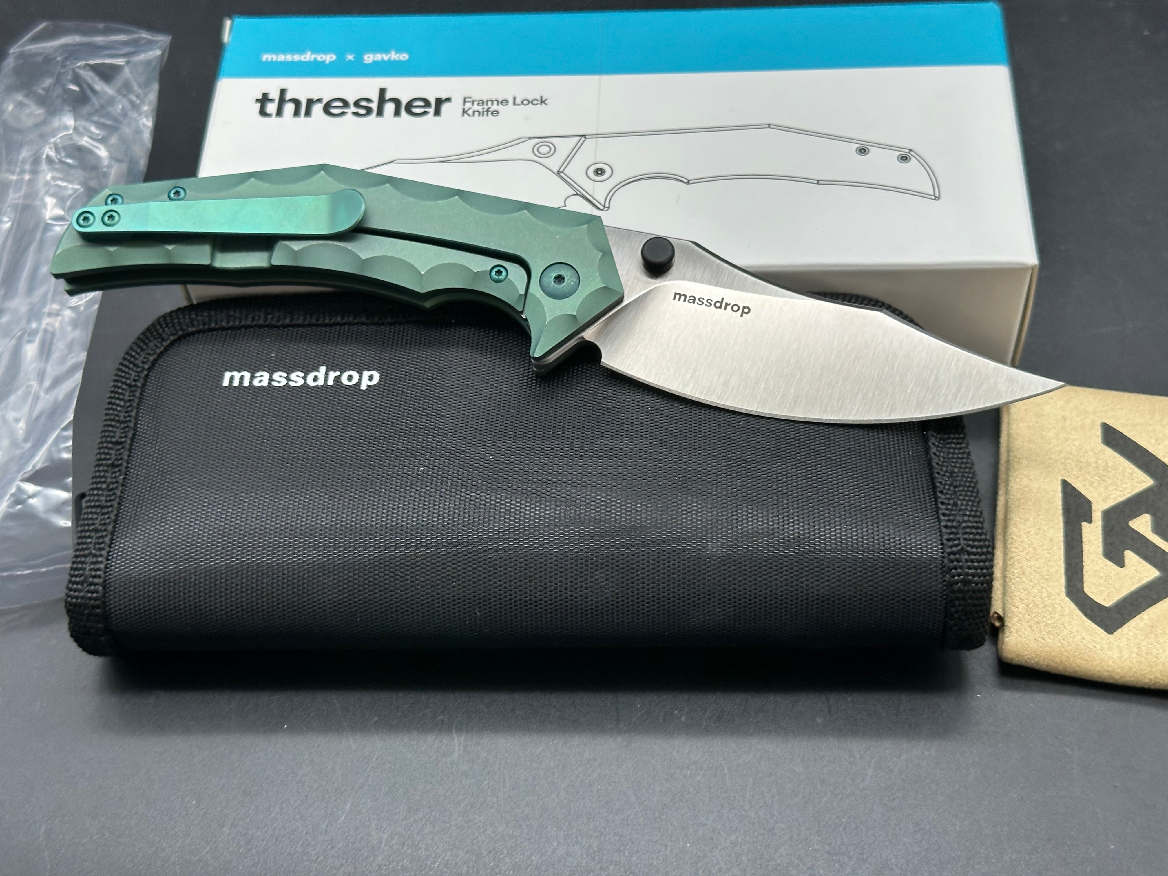 Massdrop x Gavko Thresher, Satin CPM-S35VN Blade, Green Anodized Titanium Handles, Backspacer, Pocket Clip and Hardware