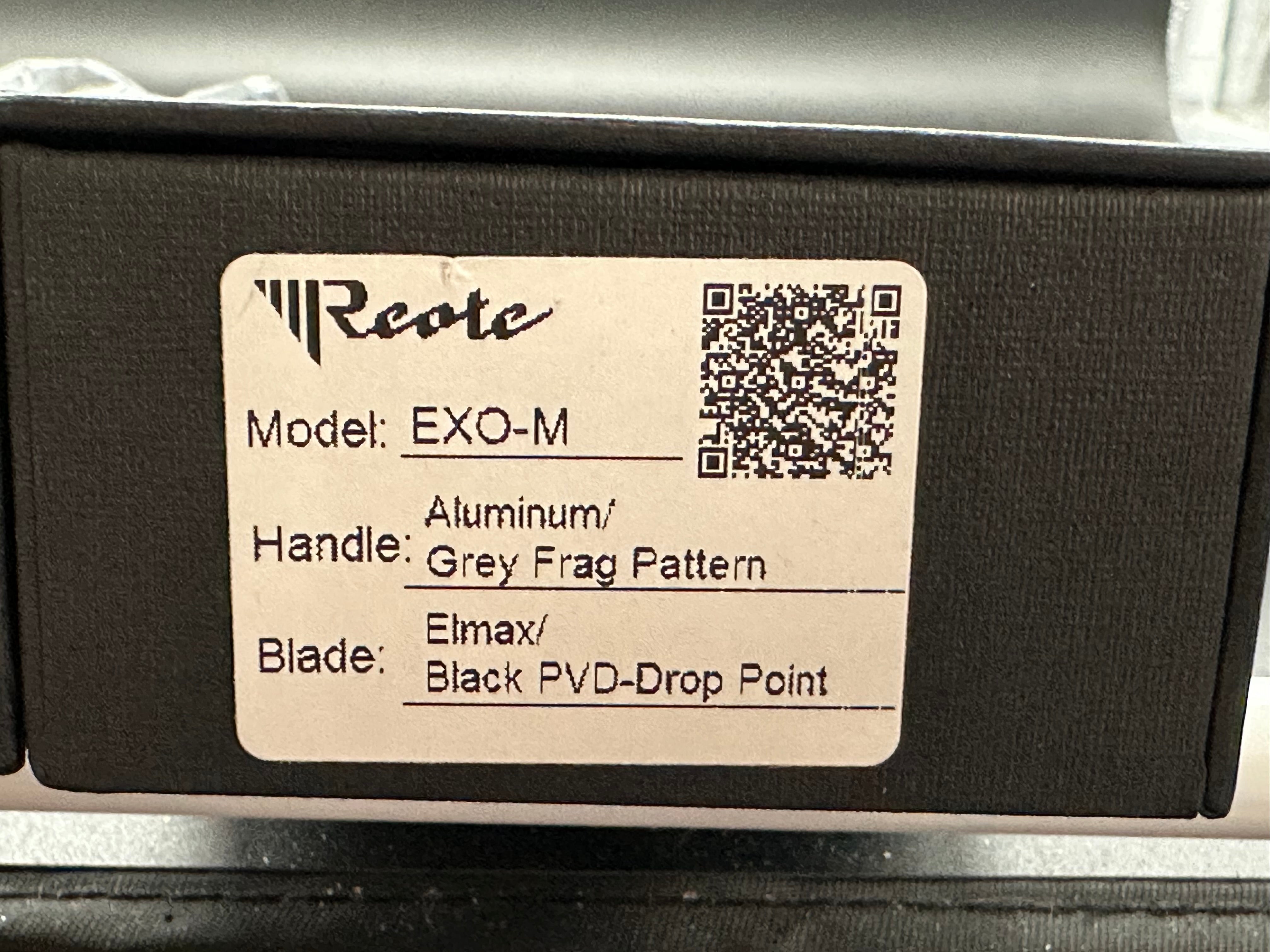 Reate Exo-M Drop Point BladeHQ Exclusive, Black PVD and Satin Two-Tone Elmax Blade, Gray Anodized Aluminum Frag Handles