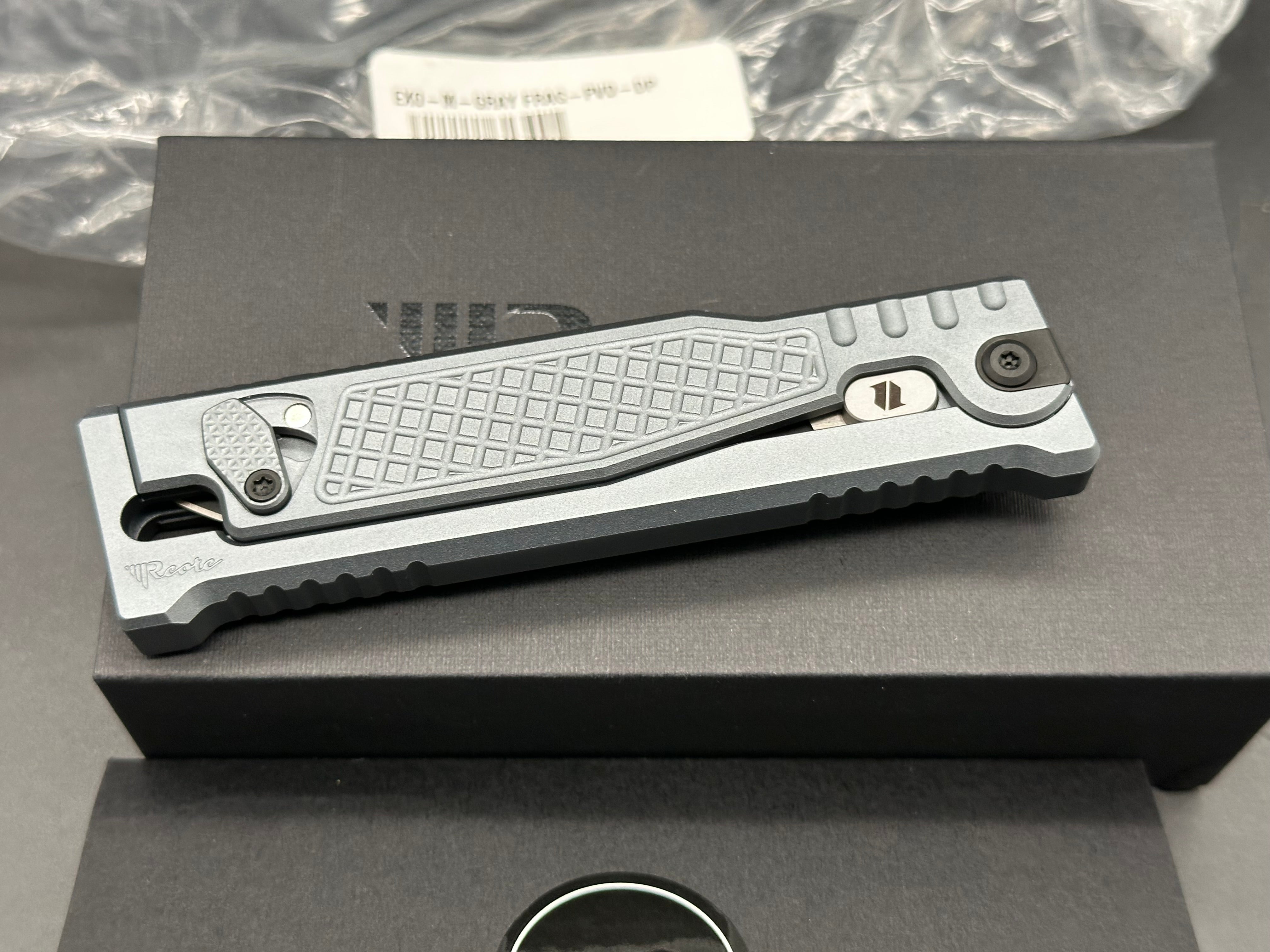 Reate Exo-M Drop Point BladeHQ Exclusive, Black PVD and Satin Two-Tone Elmax Blade, Gray Anodized Aluminum Frag Handles