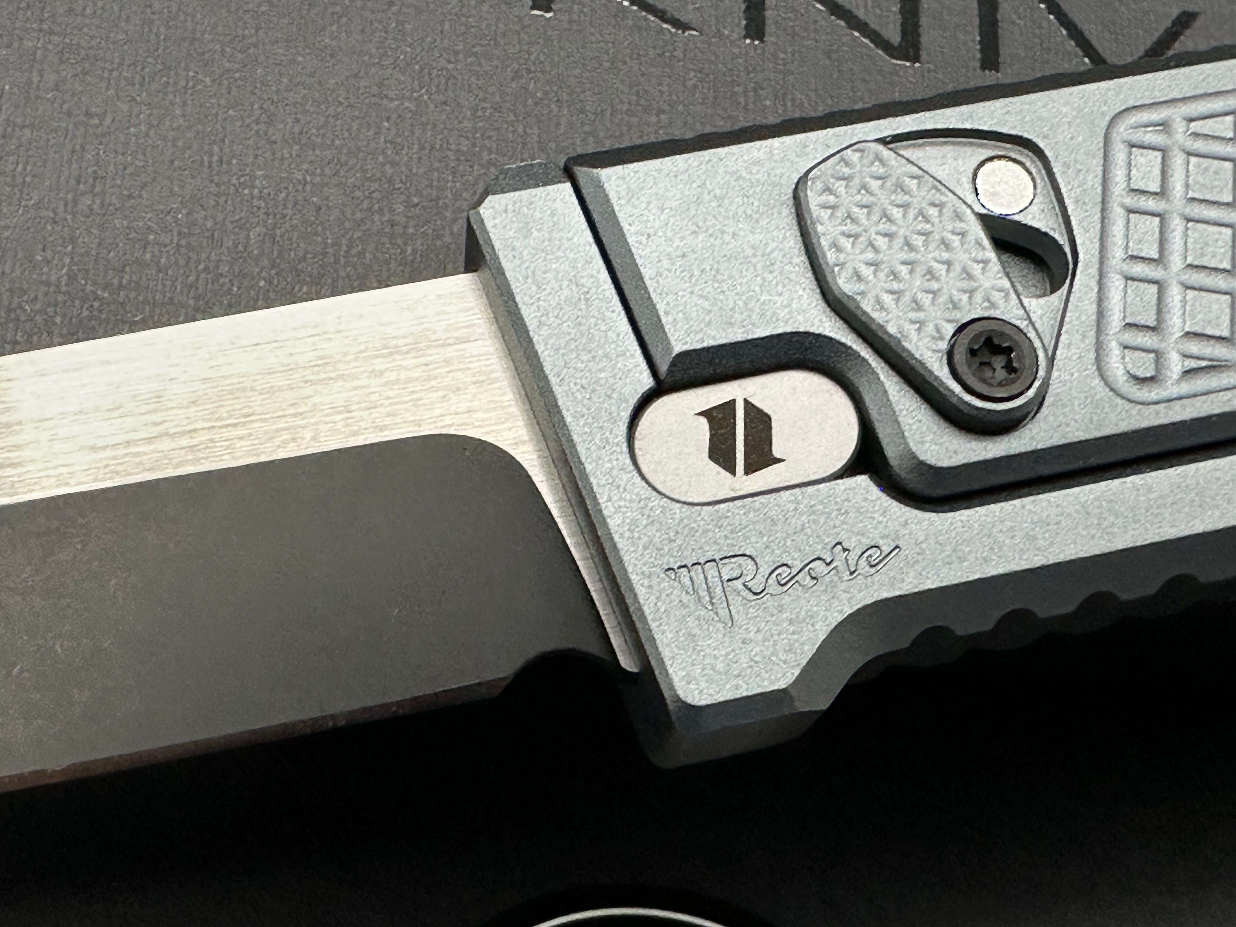 Reate Exo-M Drop Point BladeHQ Exclusive, Black PVD and Satin Two-Tone Elmax Blade, Gray Anodized Aluminum Frag Handles