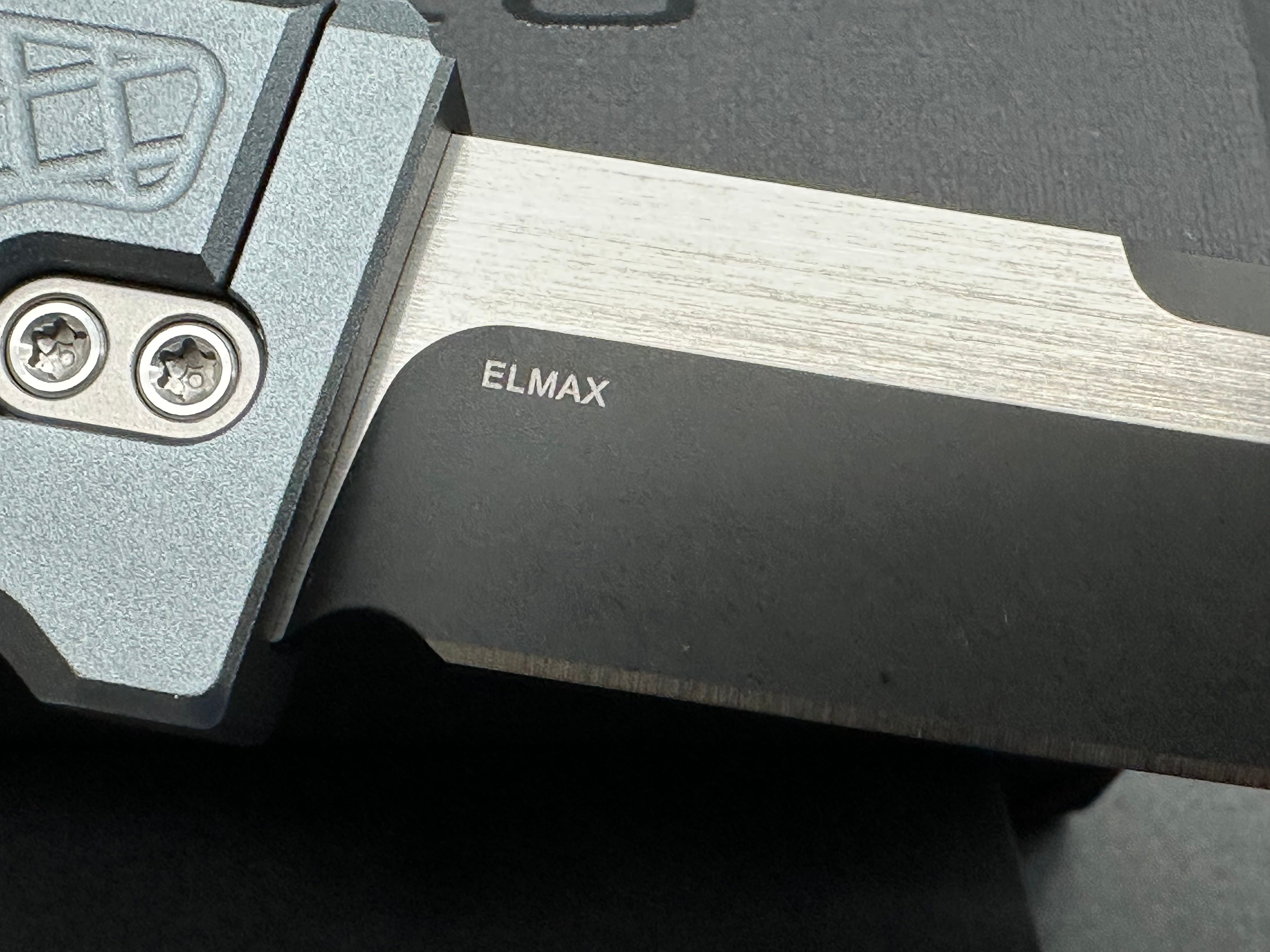 Reate Exo-M Drop Point BladeHQ Exclusive, Black PVD and Satin Two-Tone Elmax Blade, Gray Anodized Aluminum Frag Handles