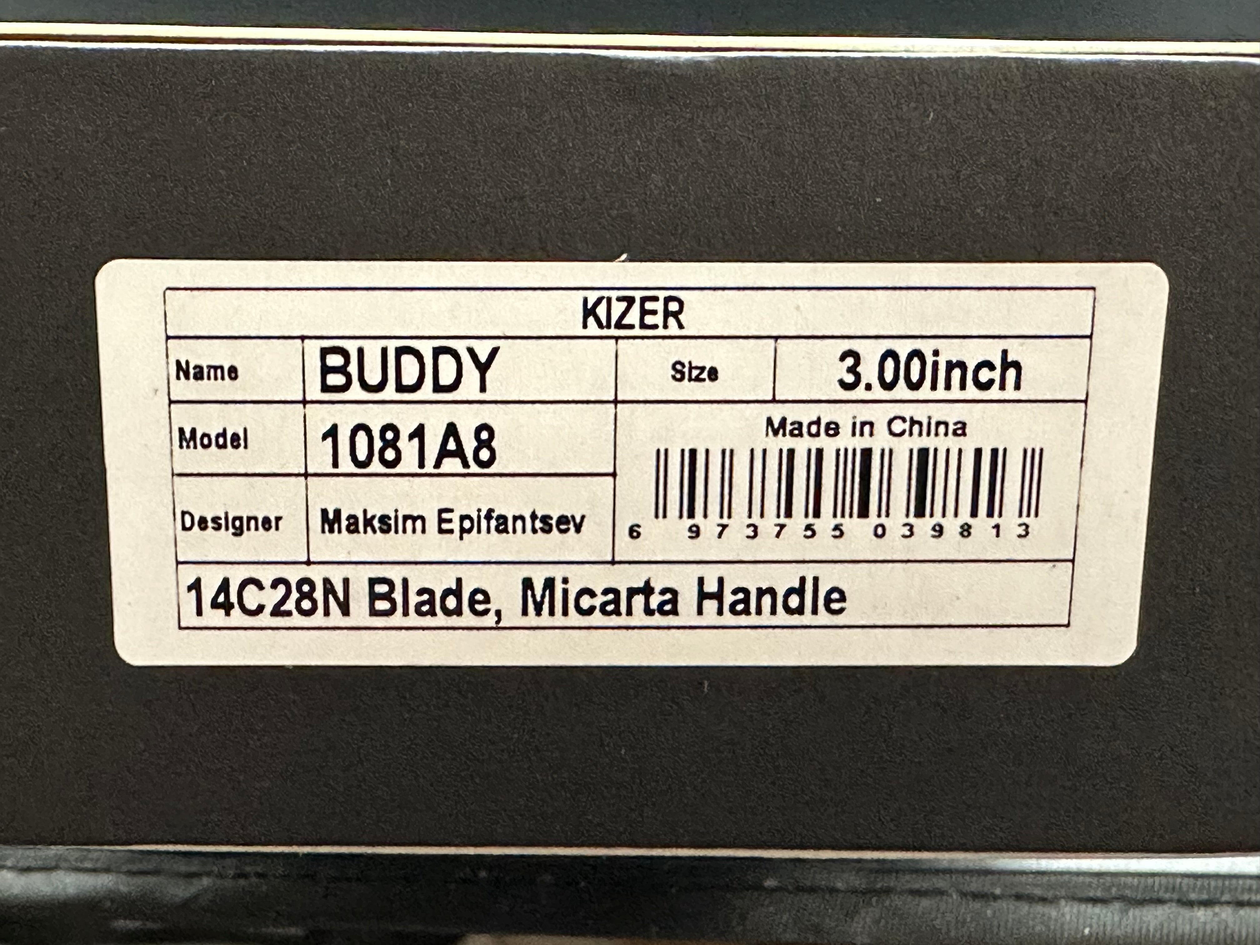 Kizer Buddy Stonewashed 14C28N Blade, Black Micarta Handles