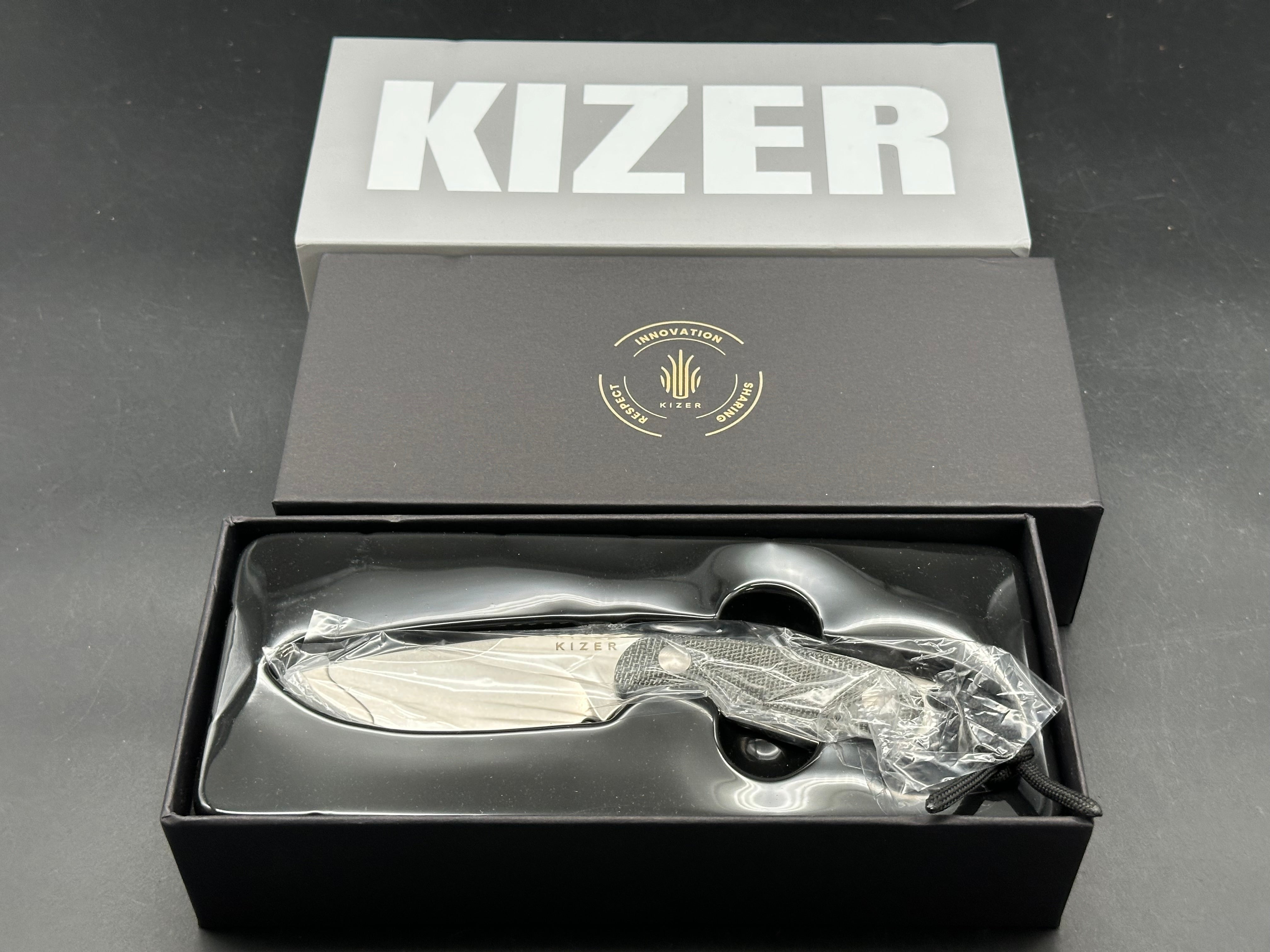Kizer Buddy Stonewashed 14C28N Blade, Black Micarta Handles