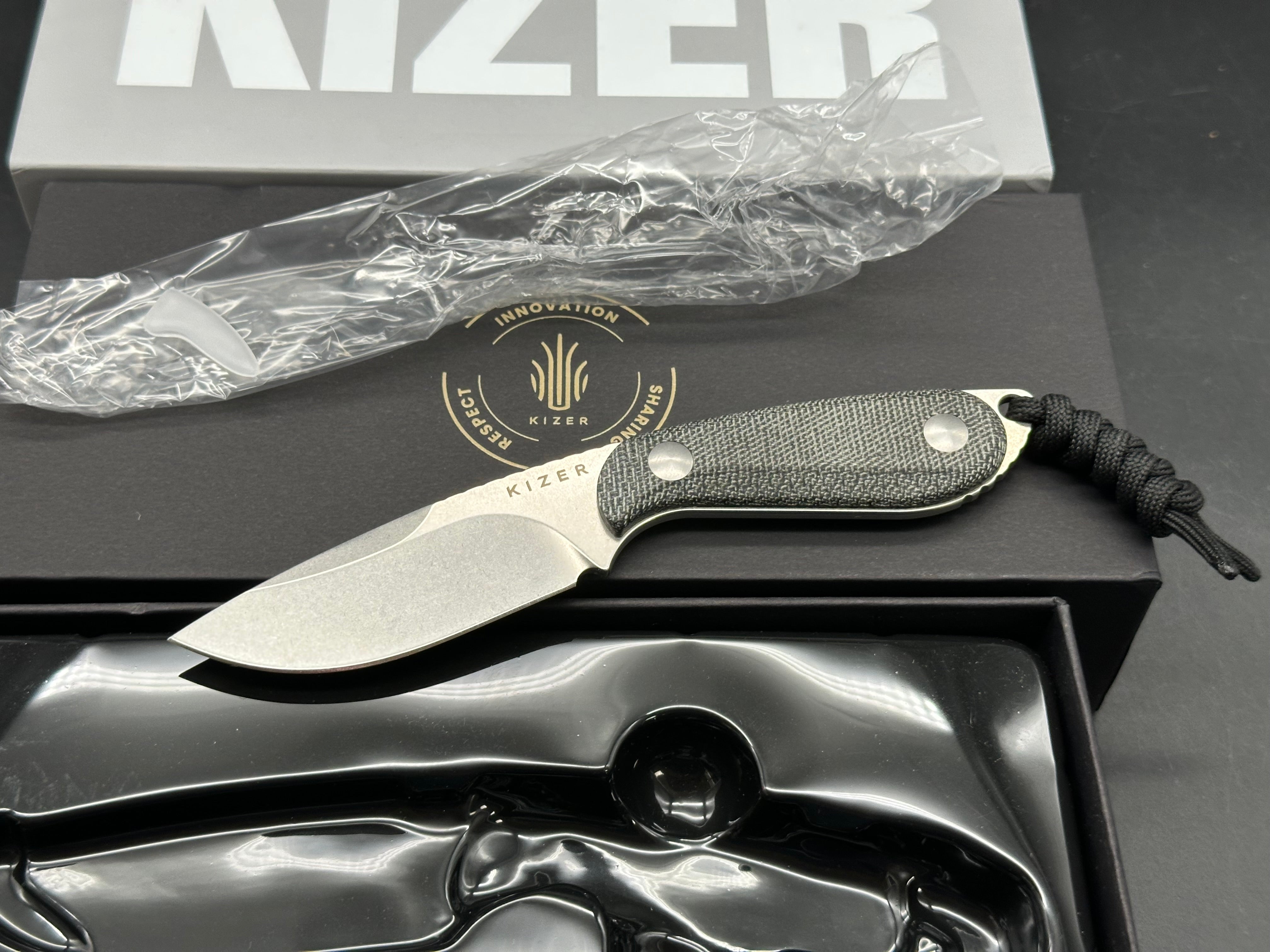 Kizer Buddy Stonewashed 14C28N Blade, Black Micarta Handles