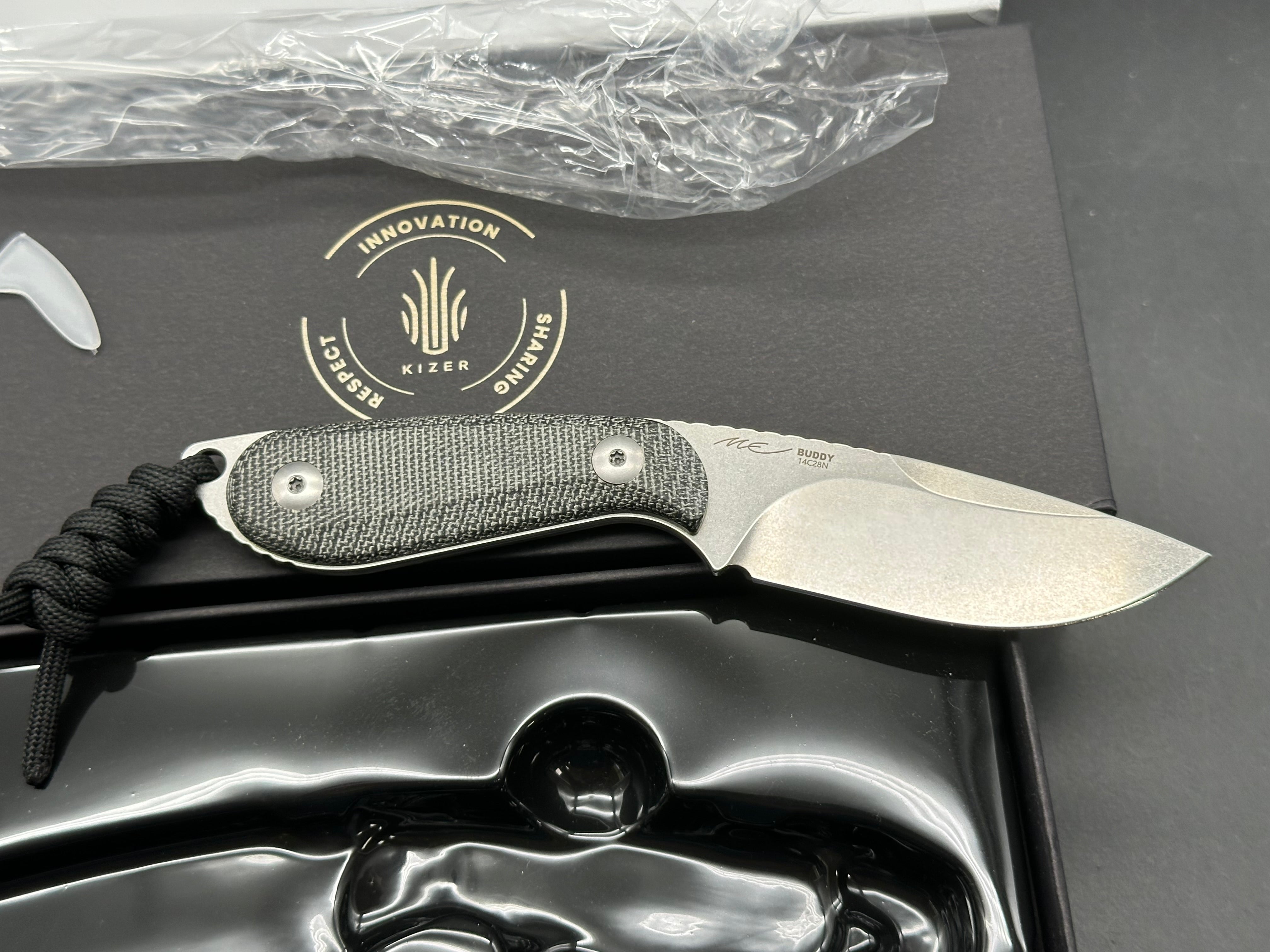 Kizer Buddy Stonewashed 14C28N Blade, Black Micarta Handles