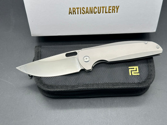 ARTISAN CUTLERY SATYR FOLDING KNIFE GRAY TITANIUM HANDLE S90V DROP POINT PLAIN EDGE