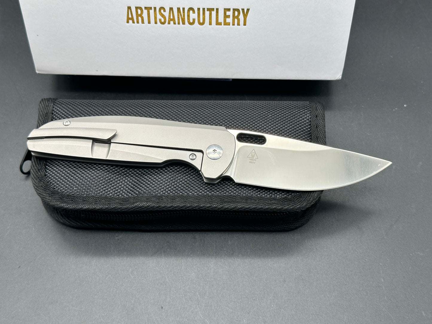 ARTISAN CUTLERY SATYR FOLDING KNIFE GRAY TITANIUM HANDLE S90V DROP POINT PLAIN EDGE