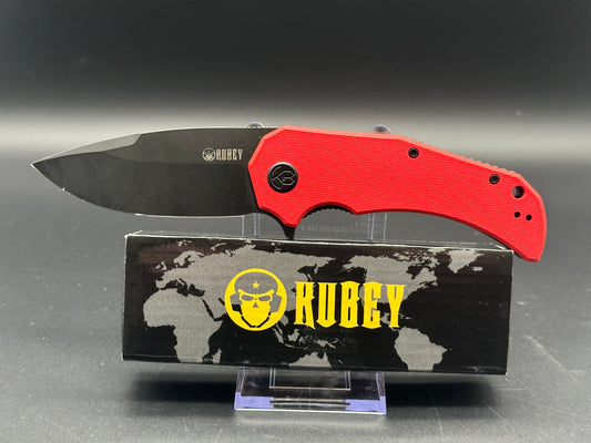 KUBEY BRAVO ONE FOLDING KNIFE RED G10 HANDLE AUS-10 DROP POINT PLAIN EDGE BLACKWASH FINISH KU319E