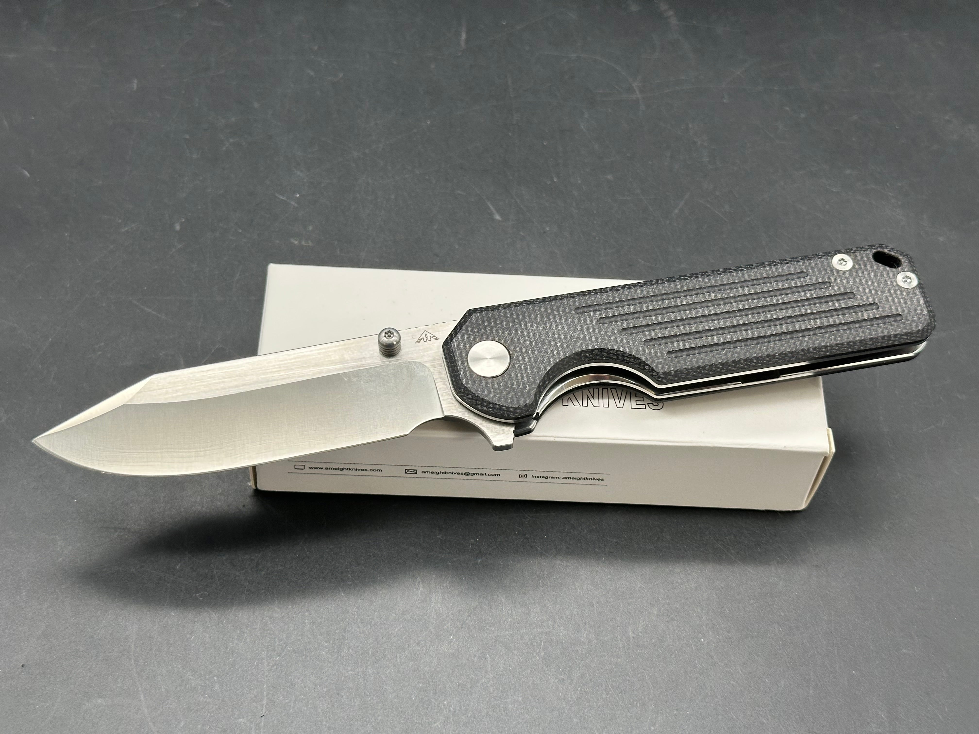 AMEIGHT GLADIATOR FOLDING KNIFE BLACK MICARTA HANDLE 14C28N PLAIN EDGE SATIN FINISH